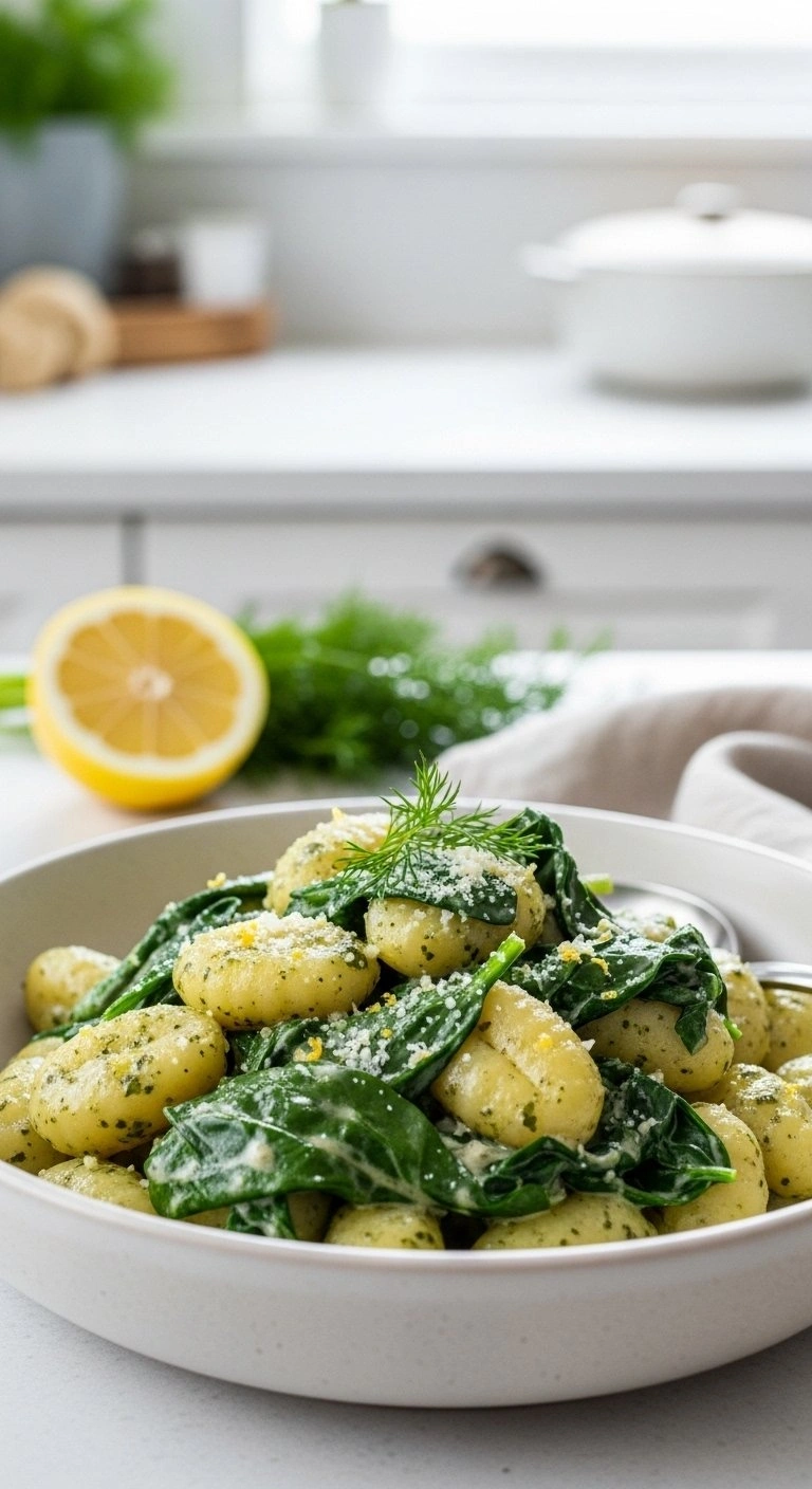Vibrant Vegetarian Millionaire Gnocchi With Spinach In A Creamy Green Sauce, Topped With Parmesan And Lemon Zest In A Bowl.
