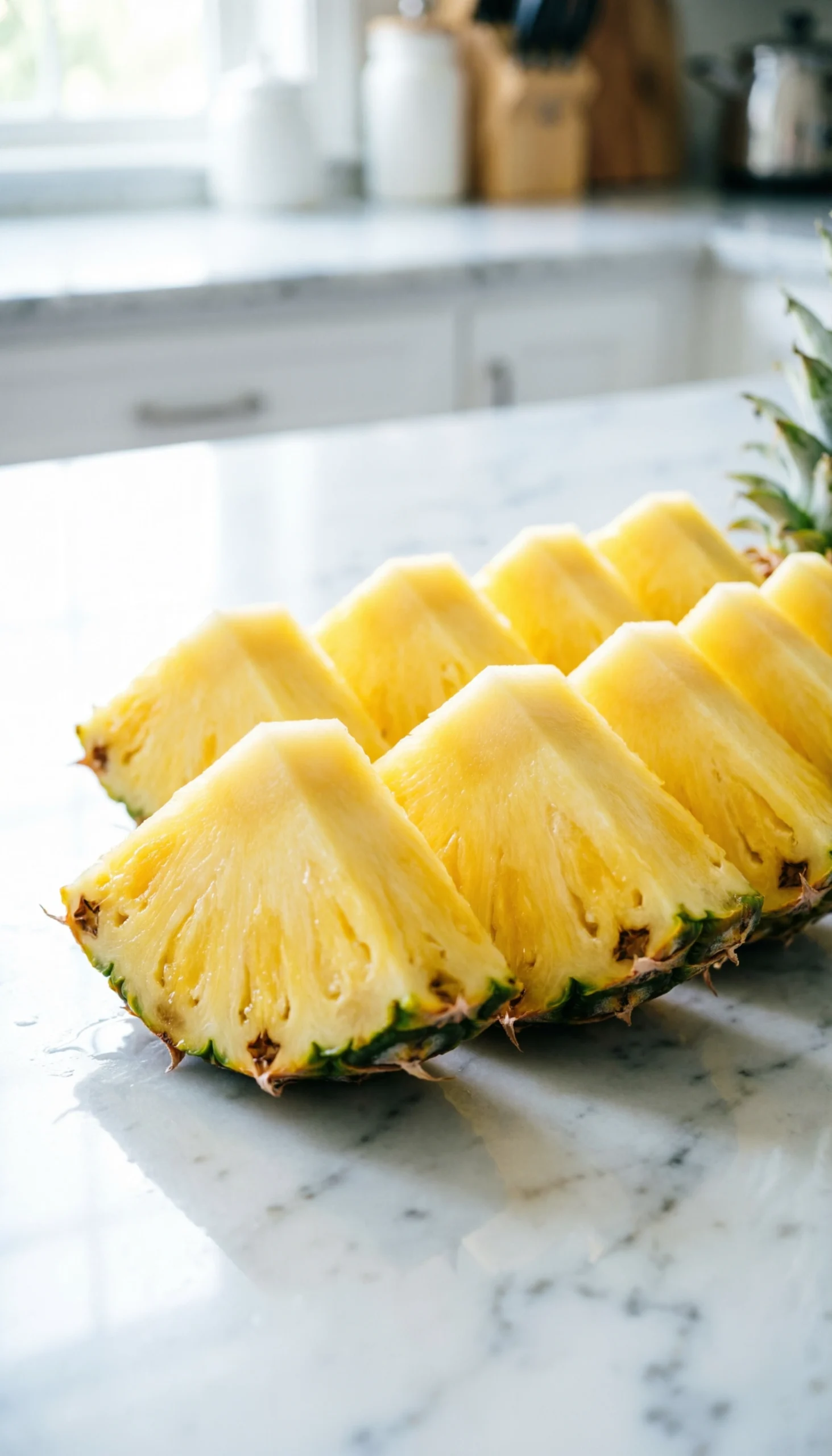 Vibrant Yellow, Fresh Pineapple Chunks Are Neatly Arranged On A Clean Marble Surface, Highlighting Their Juicy Texture In Bright, Airy Light.