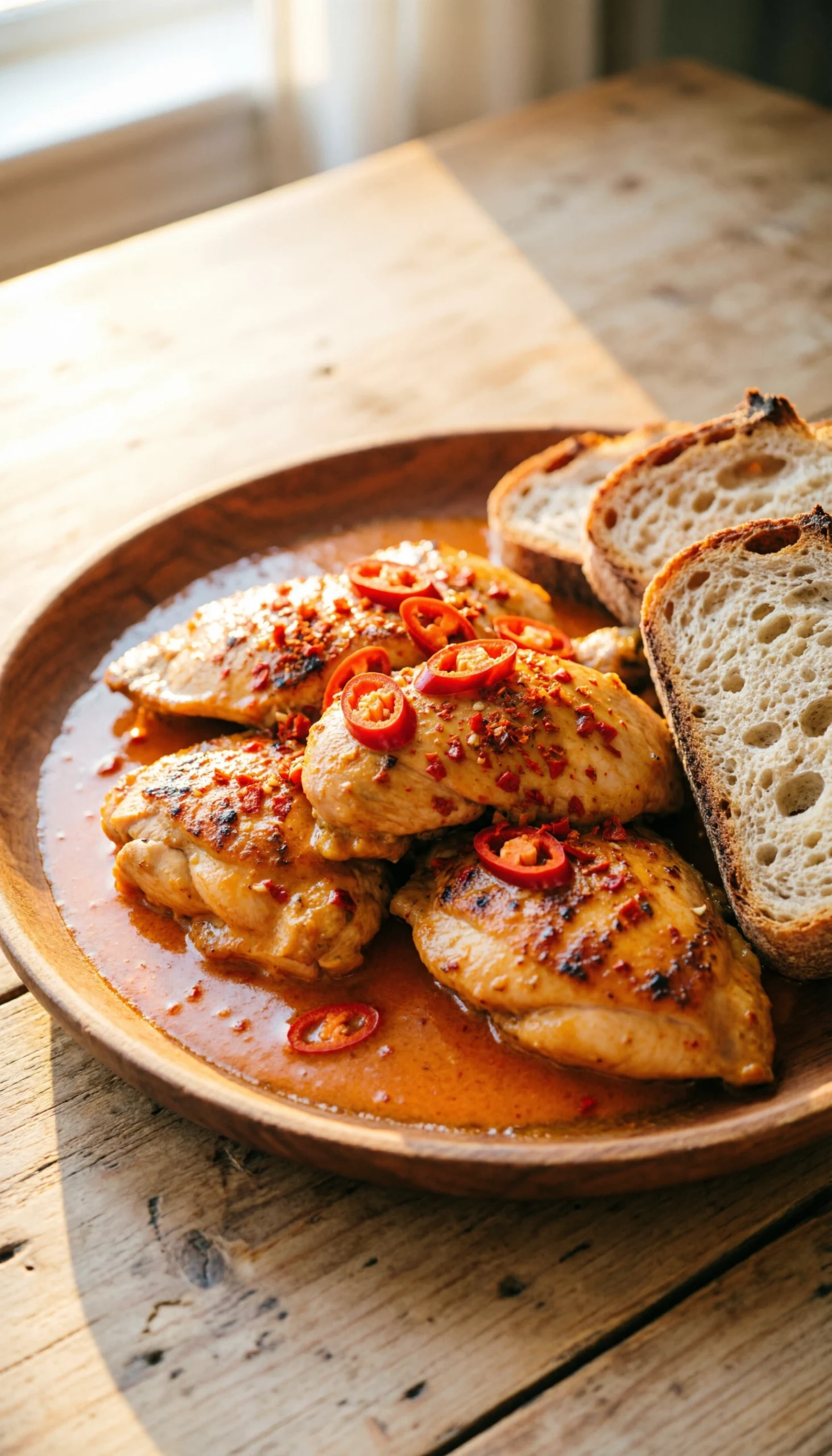 Warm Photo Of Spicy Creamy Garlic Chicken With Red Pepper Flakes And Sliced Chilies On A Rustic Wooden Table With Crusty Bread.