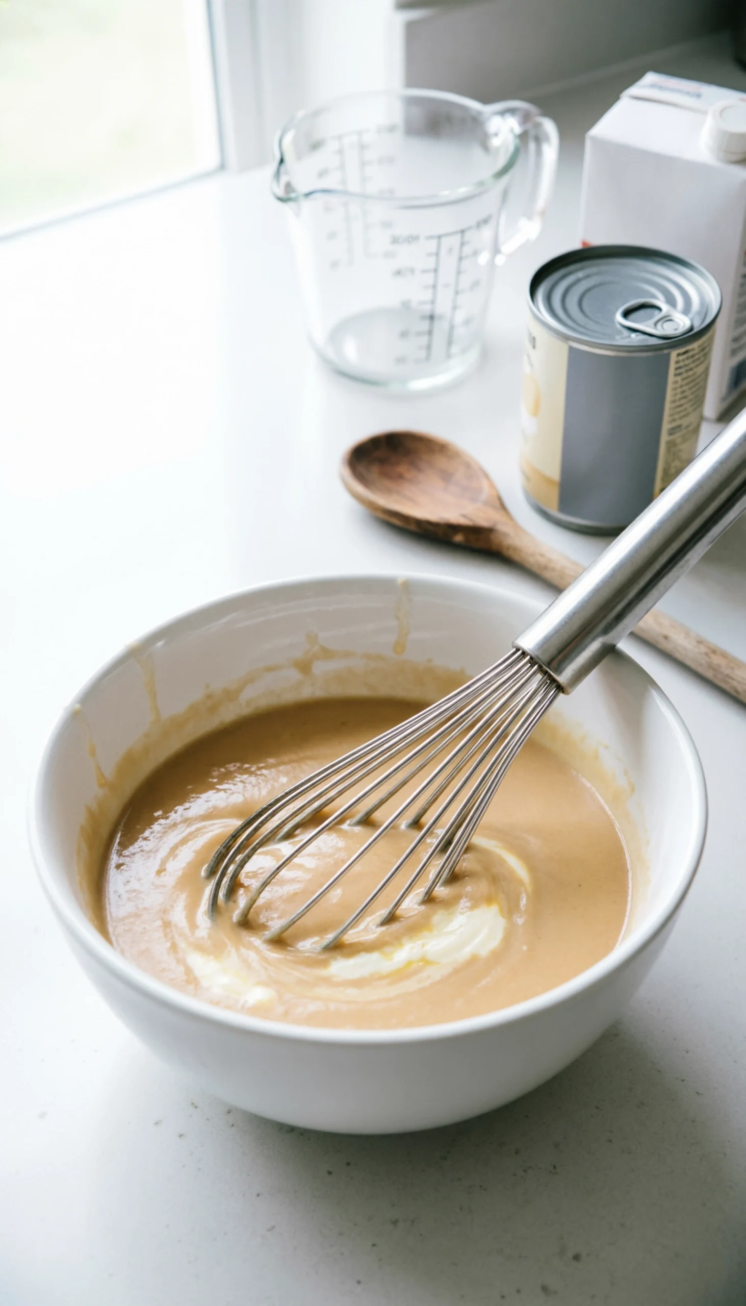 Whisking Creamy Condensed Soup And Beef Broth In A White Ceramic Bowl To Create A Smooth Liquid Base For A Casserole.