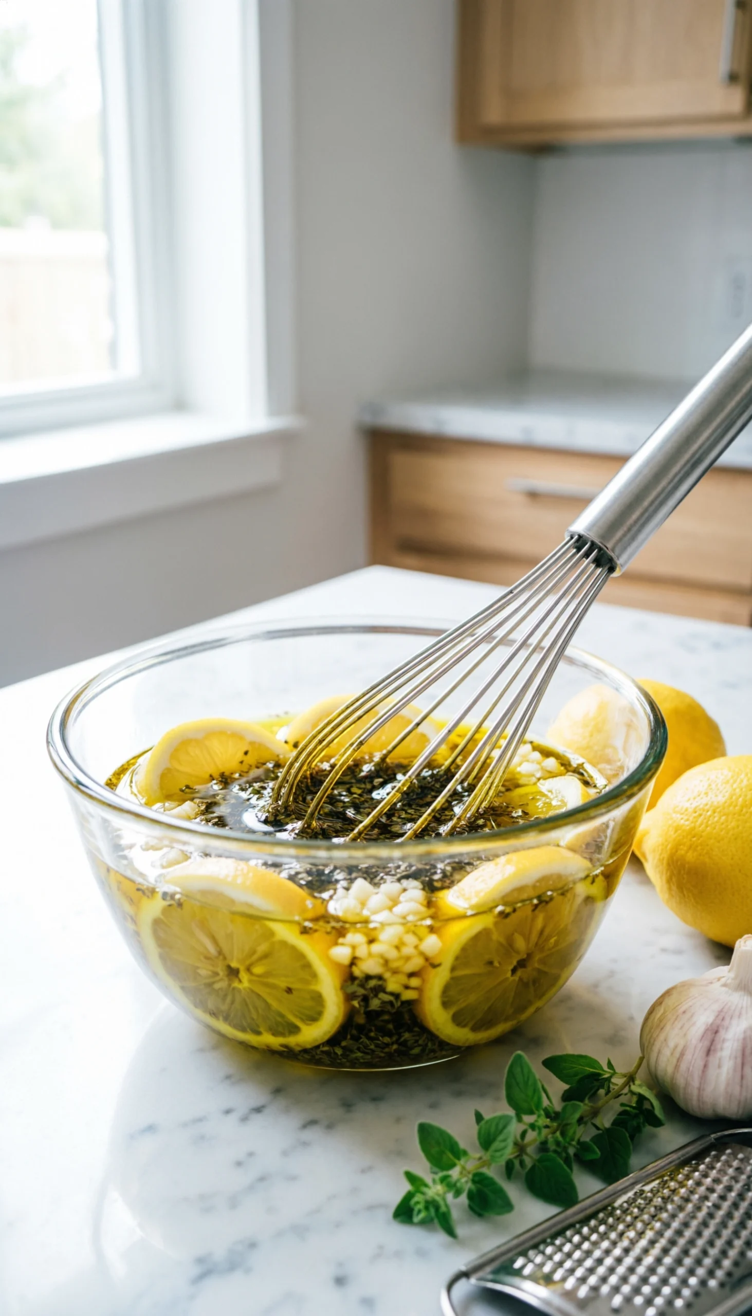 Whisking Fresh Lemon, Garlic, And Oregano Marinade In A Glass Bowl On A Marble Countertop With Olive Oil.