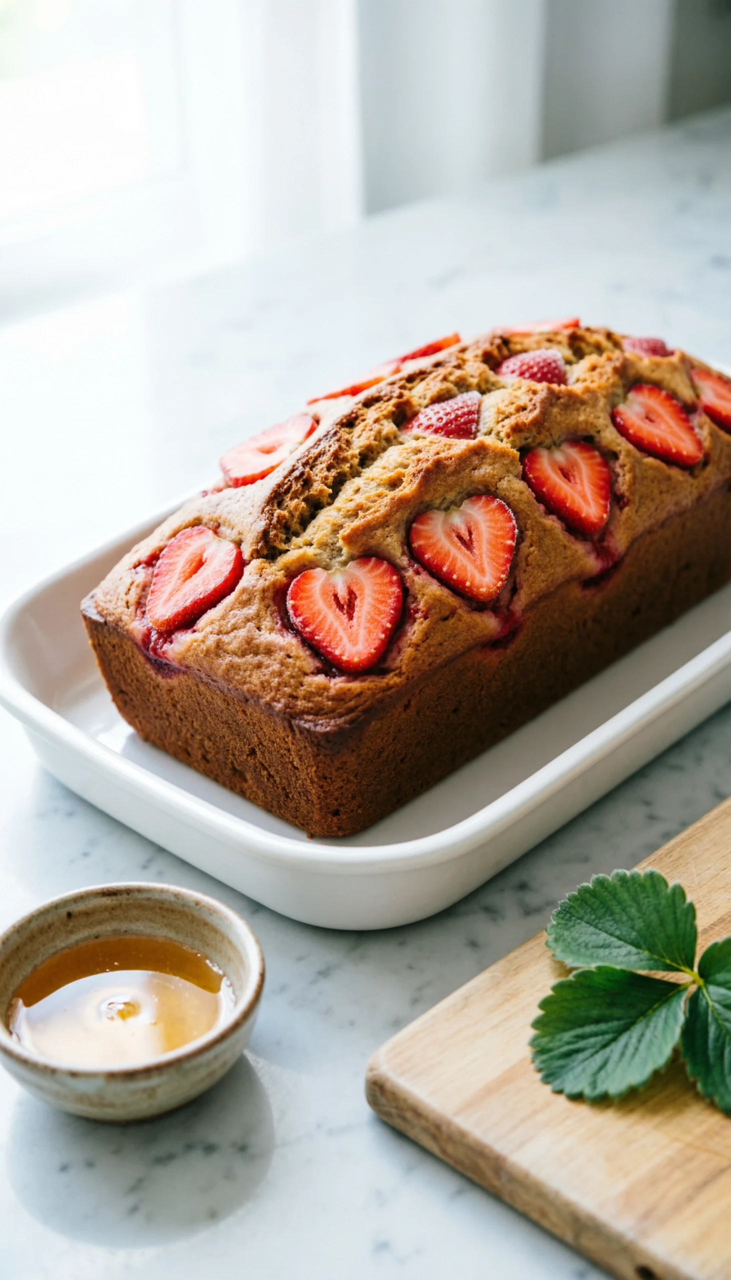 Whole Golden Strawberry Banana Bread Loaf Topped With Berry Slices On A White Platter In A Bright, Minimalist Kitchen.