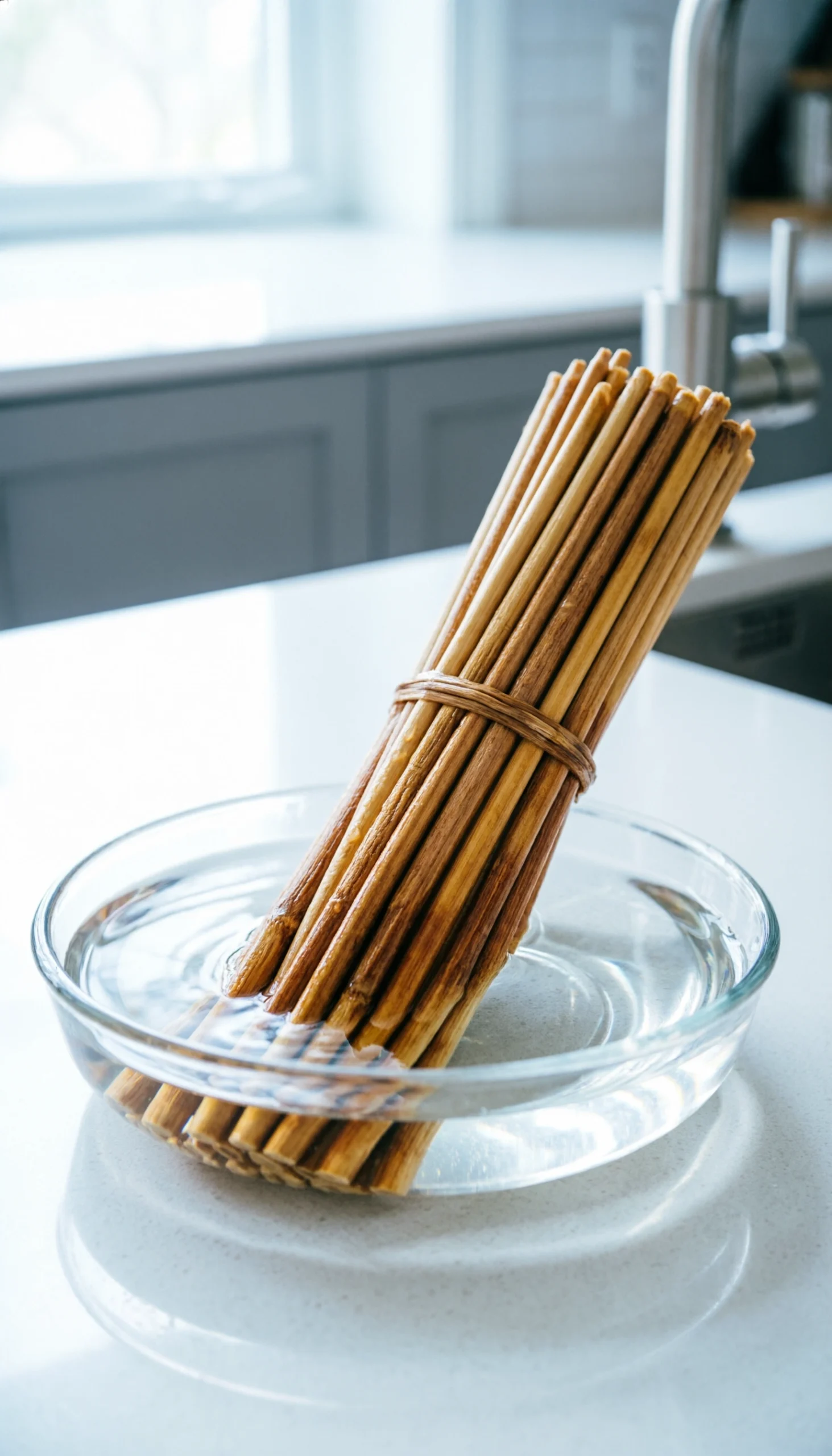 Wooden Bamboo Skewers Soak In A Clear Glass Dish Filled With Water, Captured At Eye-Level To Show The Clean Wood Texture In Bright Light.