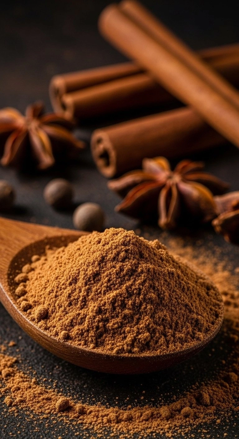 Wooden Spice Spoon Filled With Ground Cinnamon And Allspice On A Dark Background With Whole Star Anise And Bark.