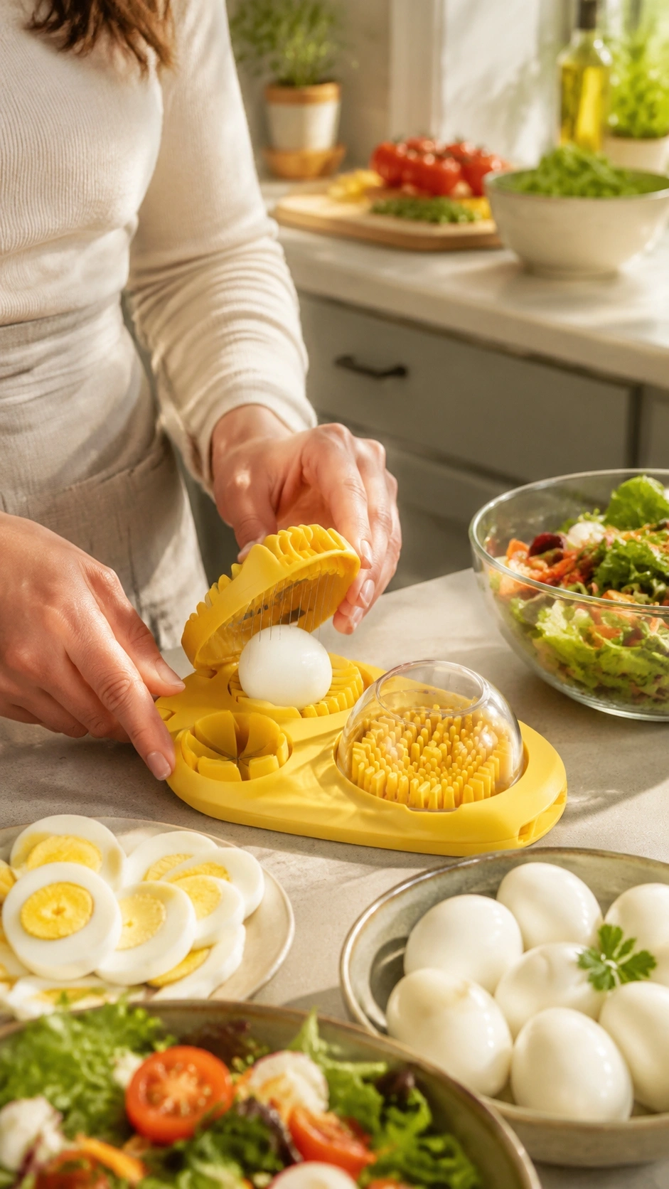 Testing The Yellow 3-In-1 Egg Slicer With Hard-Boiled Eggs And Strawberries
