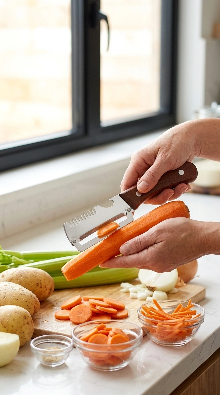 Testing Setup Showing The Generic Multi-Functional Vegetable Peeler Next To A Cutting Board Piled With Peeled Pumpkins, Carrots, And A Stopwatch