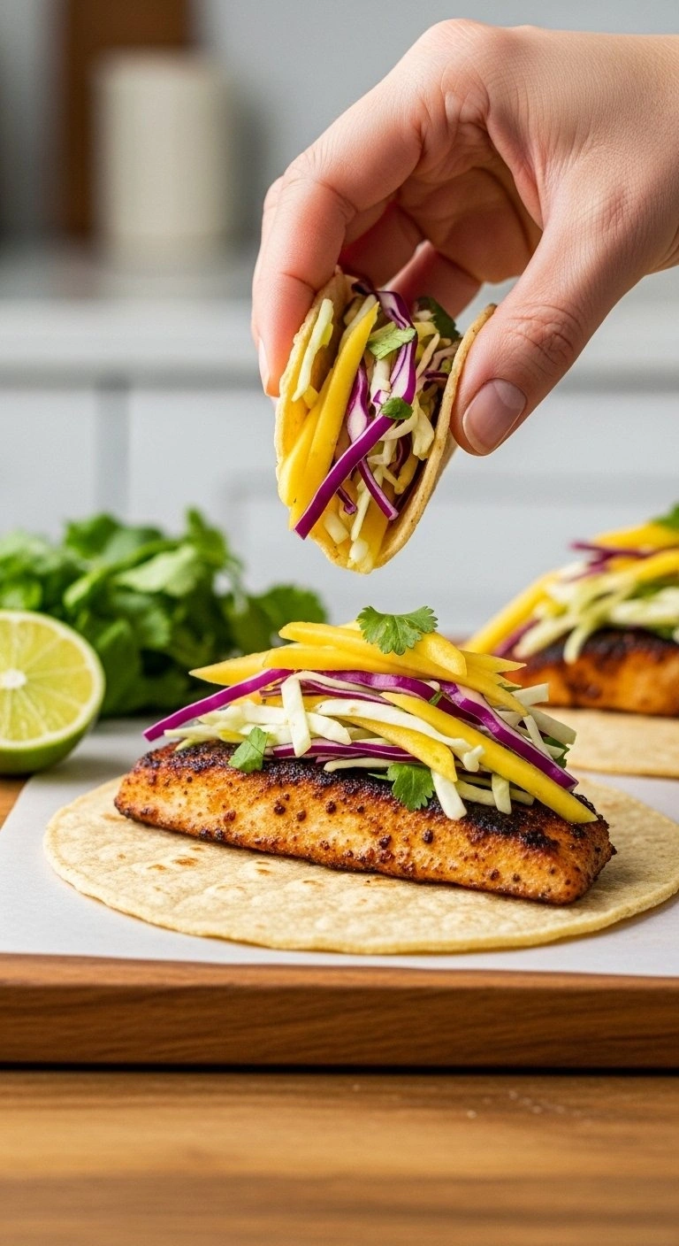 A Blackened Fish Taco In A Corn Tortilla Topped With Vibrant Mango Slaw And Fresh Cilantro On A Rustic Wooden Board.