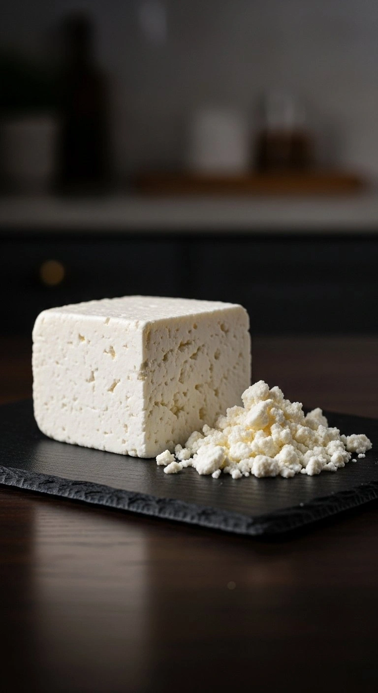 A Block Of Crumbly White Cotija Cheese With Loose Crumbles On A Dark Slate Board And Rustic Wood Surface.