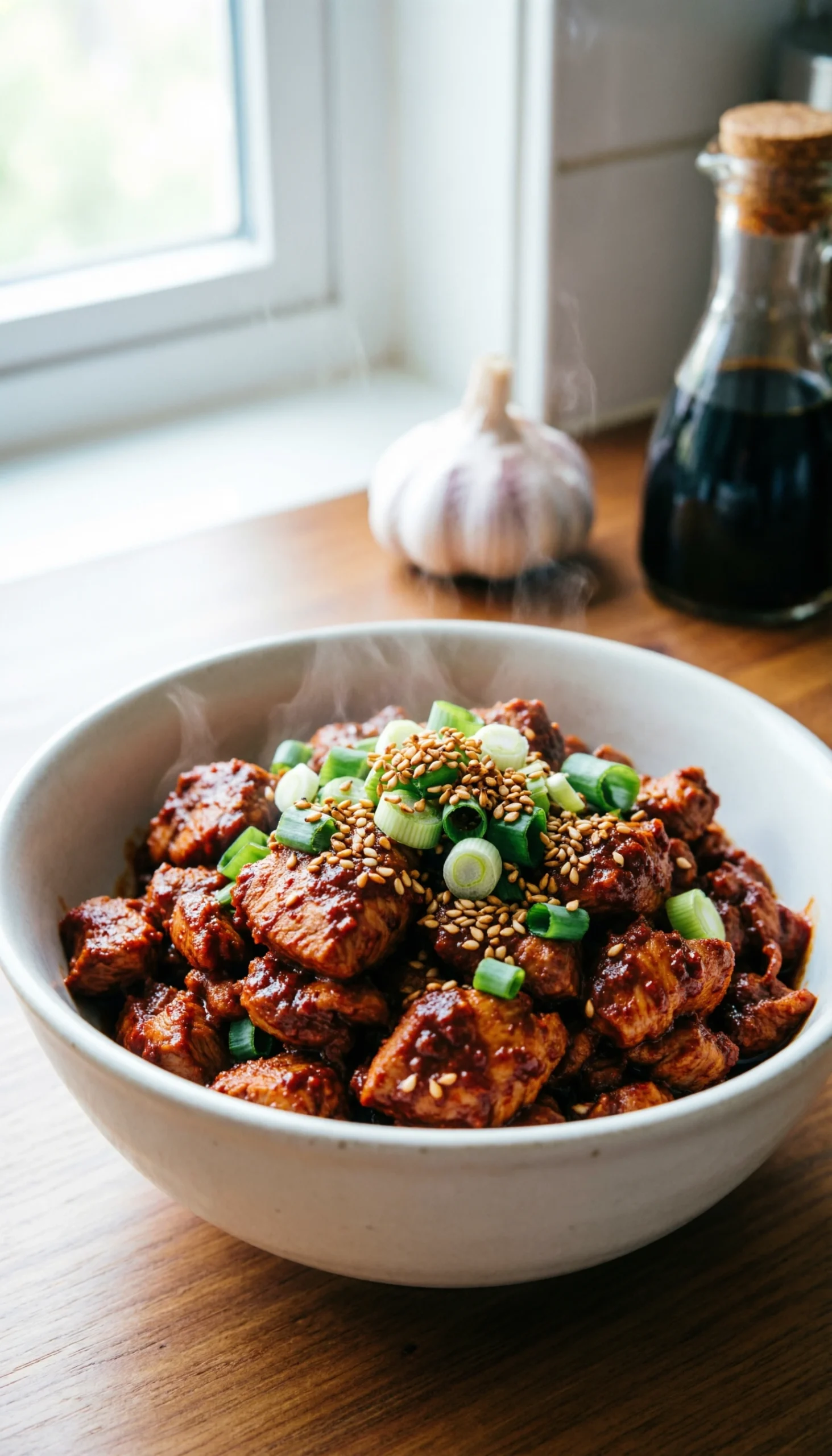 A bowl of Korean ground turkey with gochujang sauce, scallions, and sesame seeds on a rustic wooden table.