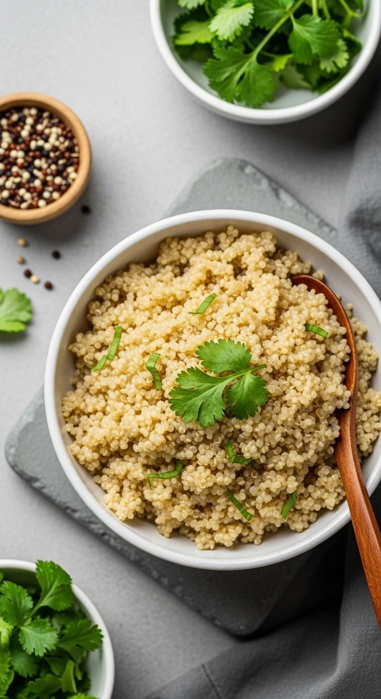 A Bowl Of Fluffy Cooked Quinoa Garnished With Cilantro And Served With A Wooden Spoon On A Gray Stone Surface.