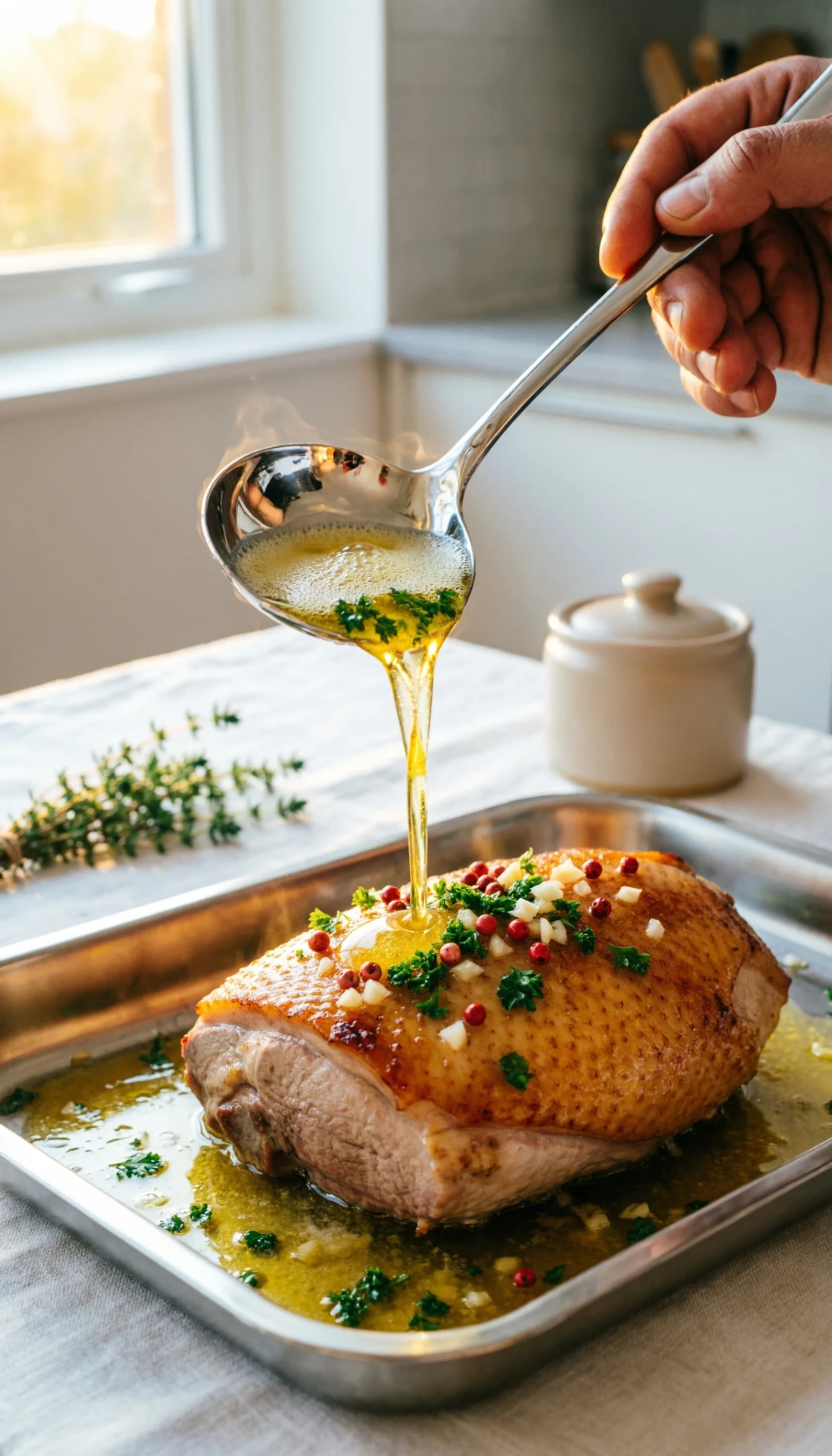 A chef bastes an oven-roasted turkey loin with glistening melted butter sauce, infused with parsley and garlic, using a steel spoon.