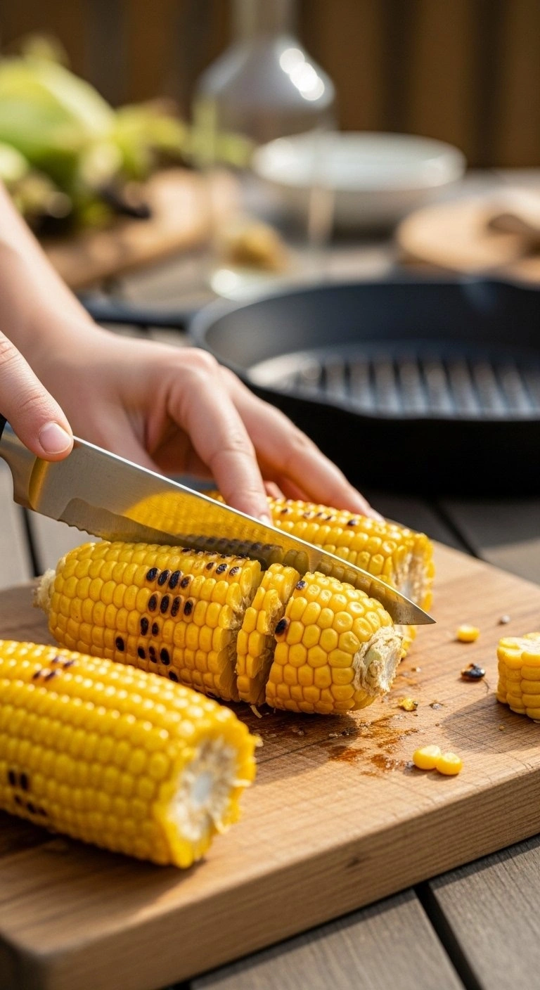 A Chef Slicing Freshly Grilled Sweet Corn Kernels With Char Marks Off The Cob On A Rustic Wooden Cutting Board.
