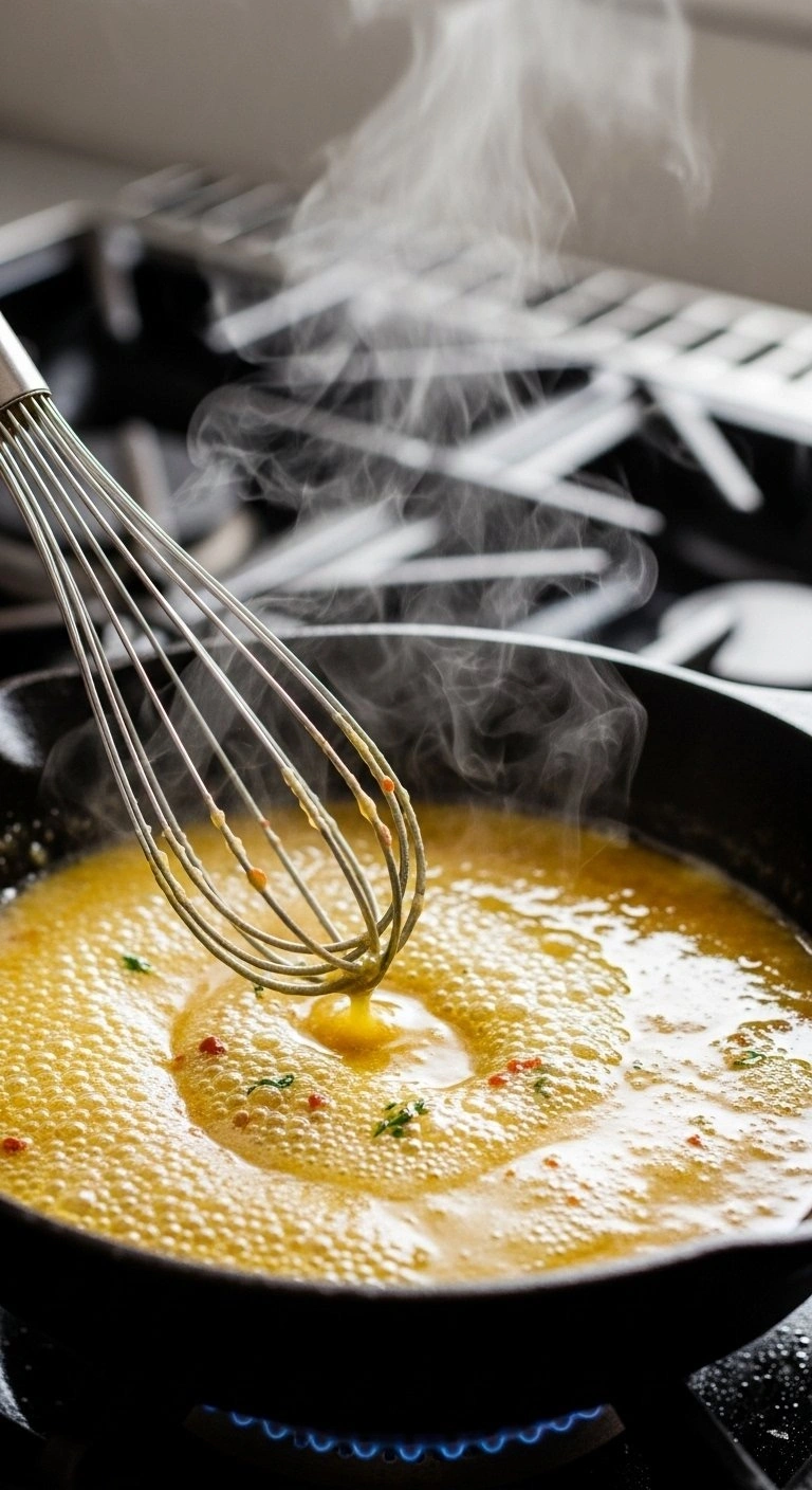 A Creamy, Bubbling Cowboy Butter Sauce With Herbs And Red Pepper Is Whisked In A Cast Iron Skillet, Emanating Steam.