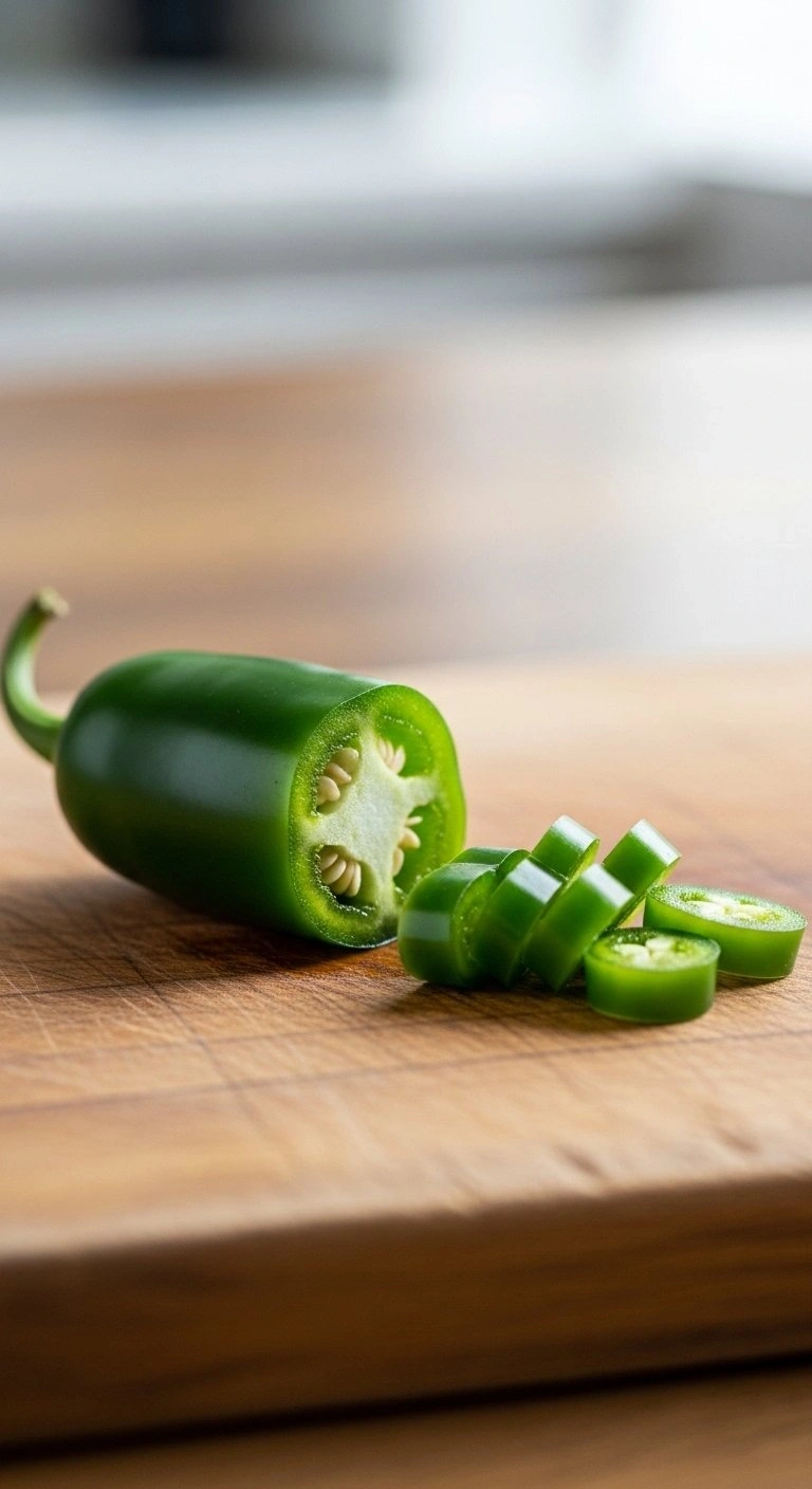 A Fresh Whole Green Jalapeño Pepper And Finely Minced Pieces On A Rustic Wooden Cutting Board In A Kitchen.