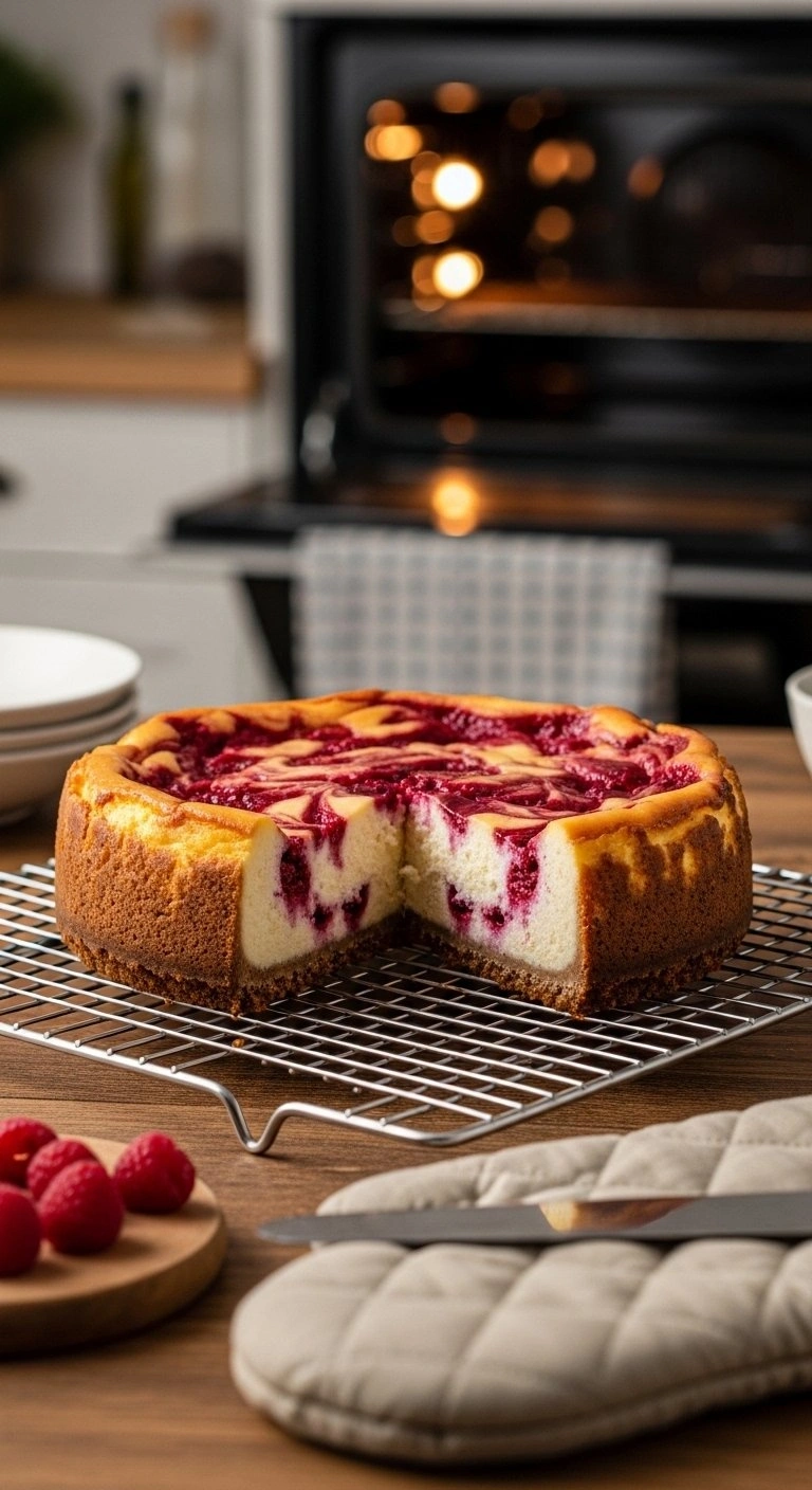 A Freshly Baked Crack-Free Raspberry Swirl Cheesecake Cooling On A Stainless Steel Wire Rack On A Rustic Wood Table.