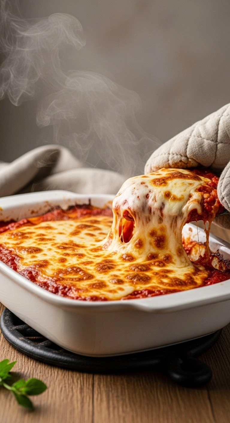A Freshly Baked Zucchini Casserole With Bubbling Golden-Brown Melted Mozzarella Cheese In A Ceramic Dish.