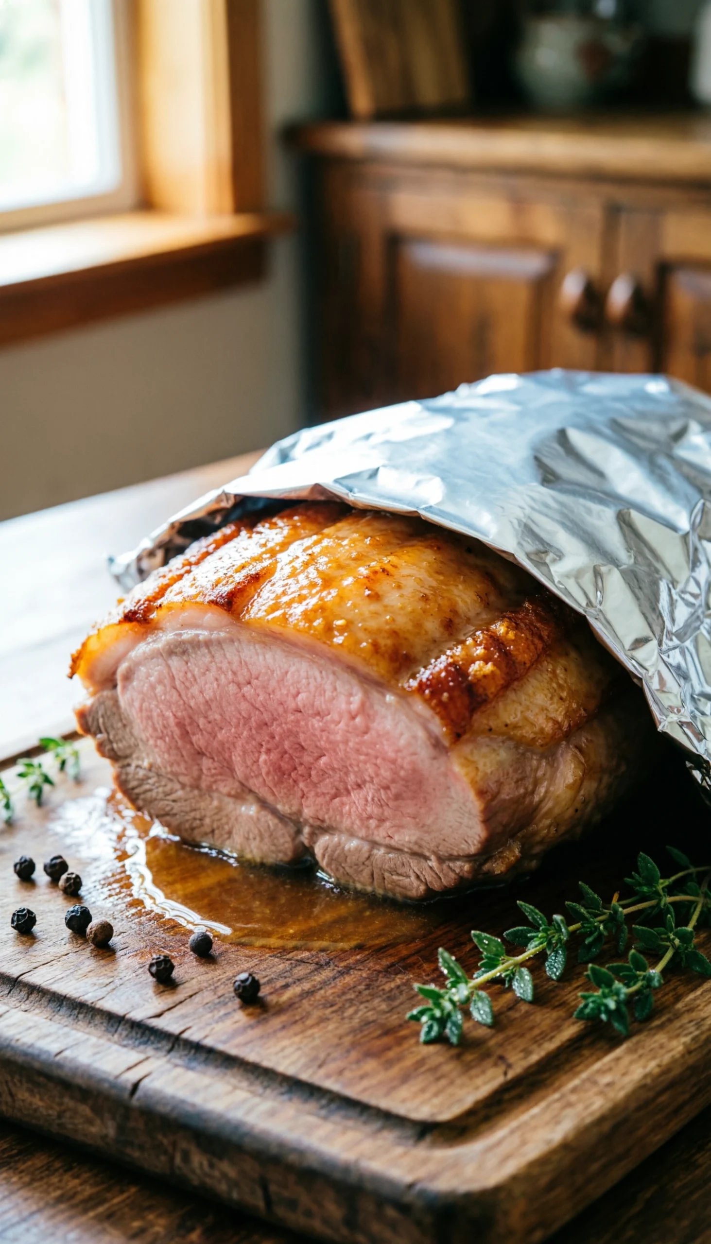 A glistening baked turkey tenderloin rests on a rustic wooden cutting board with foil pulled back, pooling with savory juices.