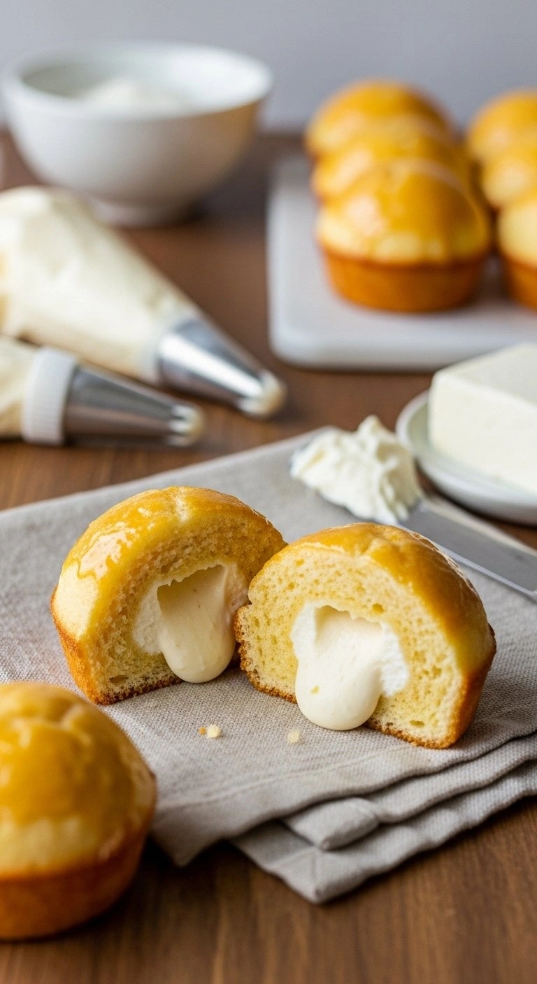 A Golden Cream Cheese Stuffed Cornbread Popper With A Molten Center And Honey Glaze Sits On A Linen Napkin On Wood.