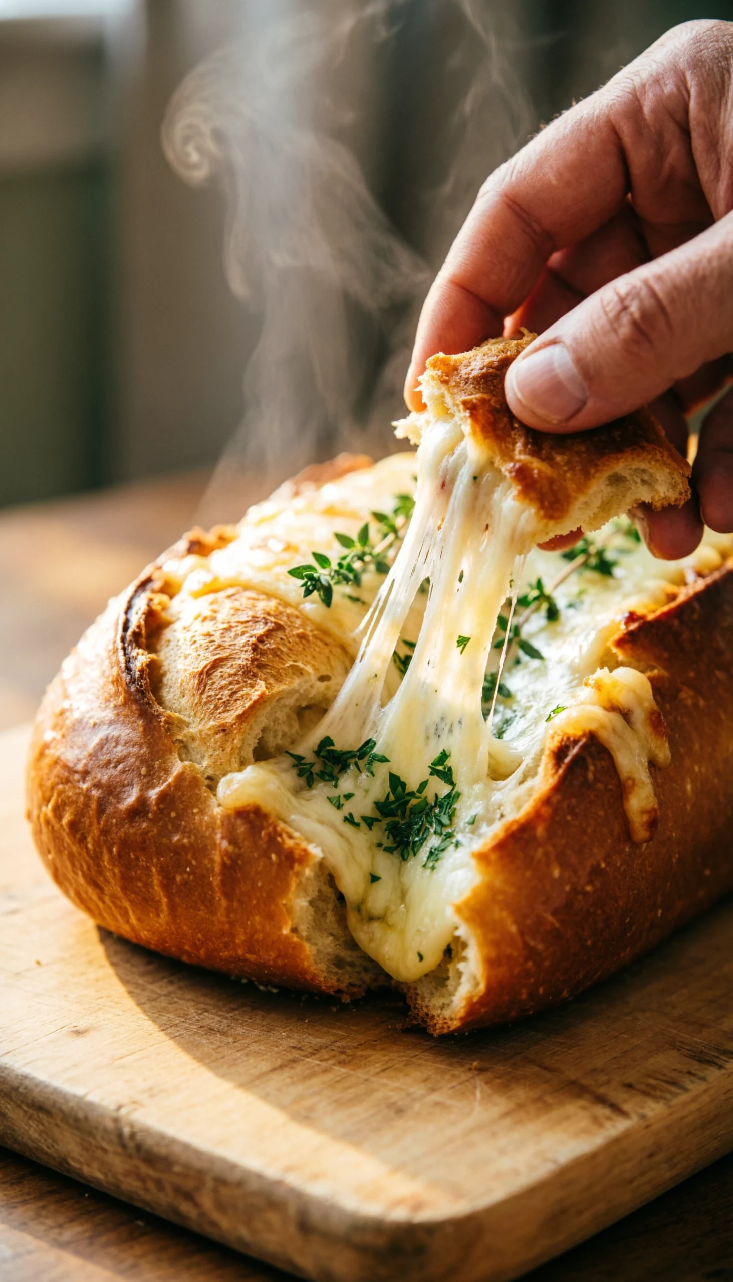 A hand pulls cheesy, herb-stuffed pull-apart bread, fresh from the oven, creating a satisfying cheese pull.