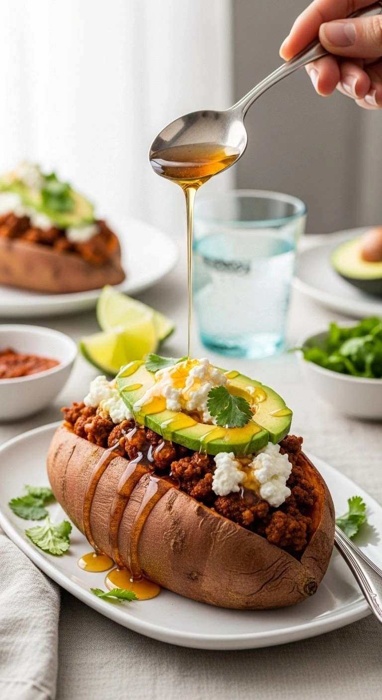A Loaded Hot Honey Ground Beef Sweet Potato Boat Features Seasoned Beef, Avocado, Cottage Cheese, And Golden Hot Honey.