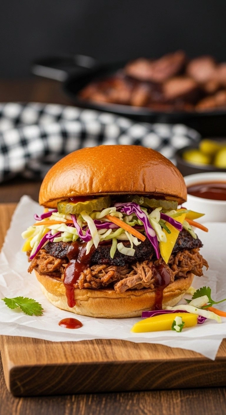 A Pulled Pork Sandwich On A Brioche Bun Topped With Crunchy Mango Slaw On Rustic Parchment Paper And A Wooden Board.