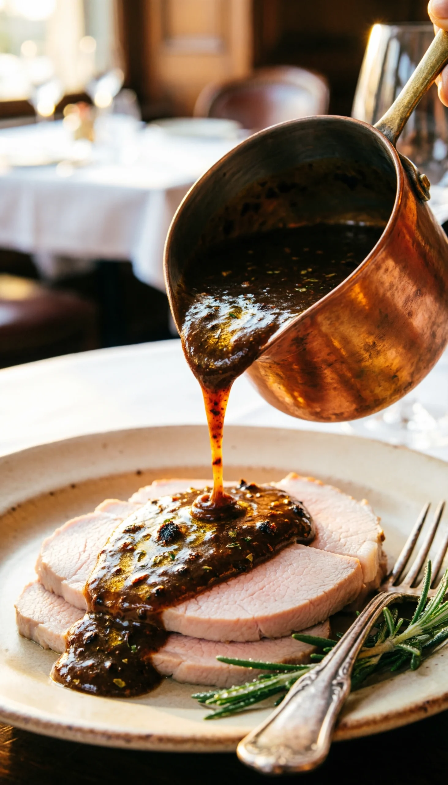 A rich garlic butter glaze is poured from a copper pitcher over a stack of carved white turkey slices on a ceramic plate.