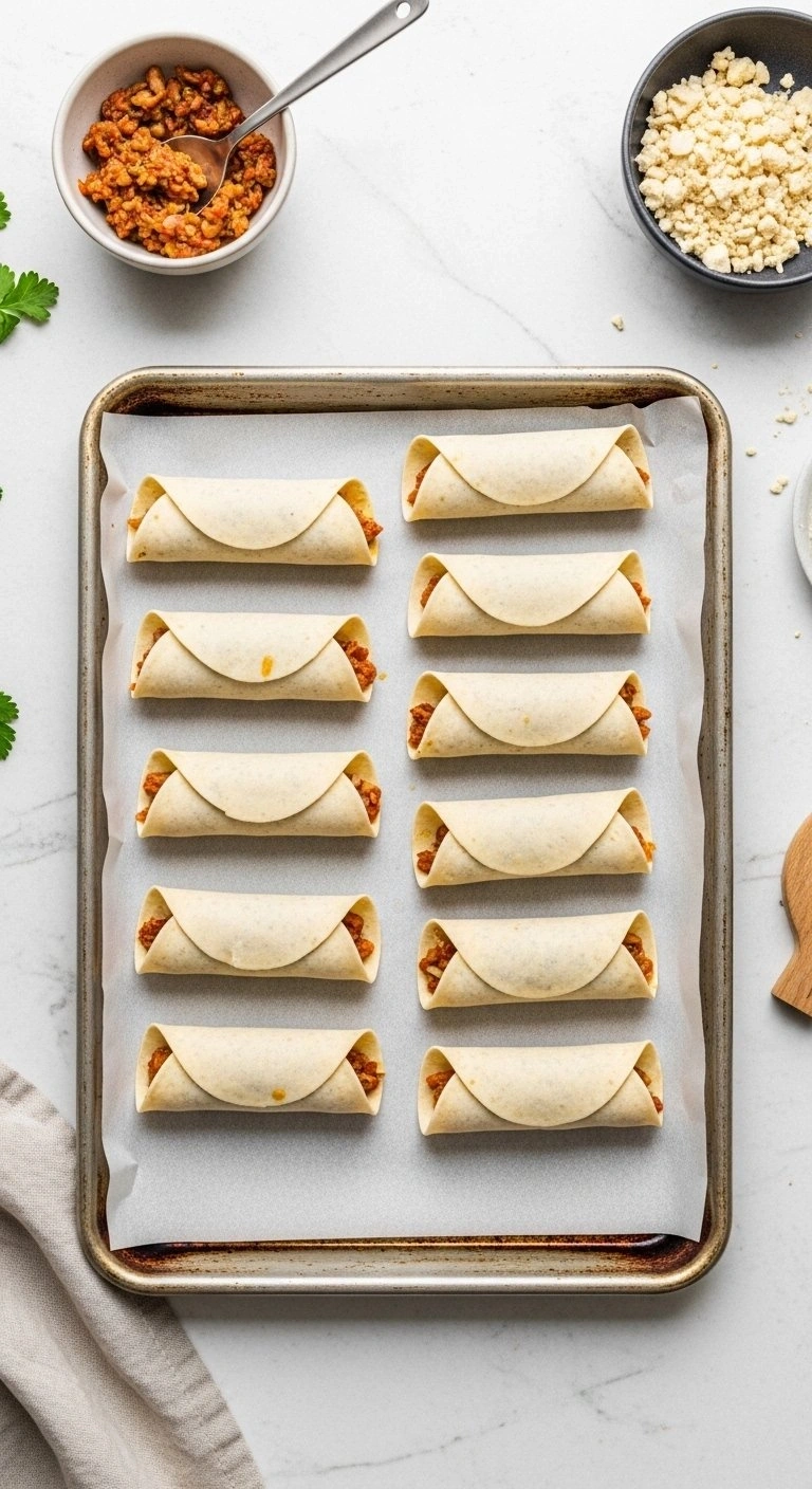 A Row Of Prepared Southwest Eggrolls On A Parchment-Lined Baking Sheet, Ready For Cooking Or Freezer Meal Prep.