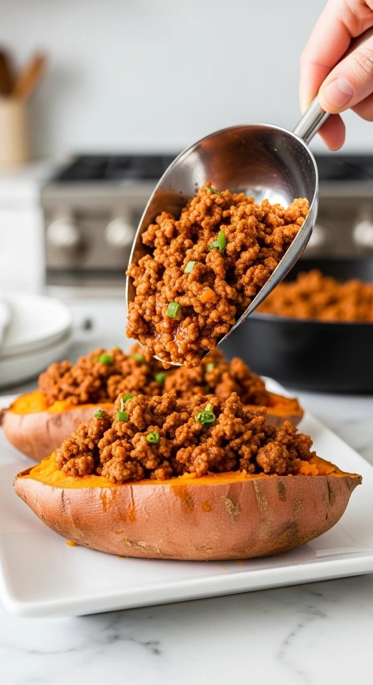 A Scoop Adds Rich Taco-Seasoned Ground Beef Into A Bright Orange Sweet Potato Boat On A White Ceramic Platter.