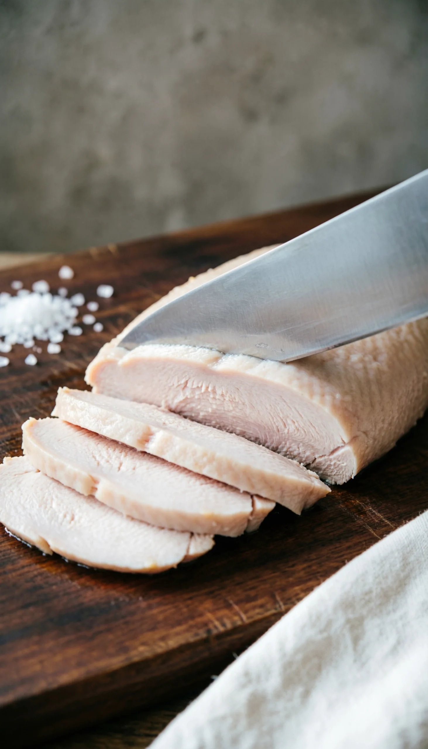 A sharp knife carves uniform turkey medallions from a perfectly cooked roasted loin, revealing moist white meat fibers.
