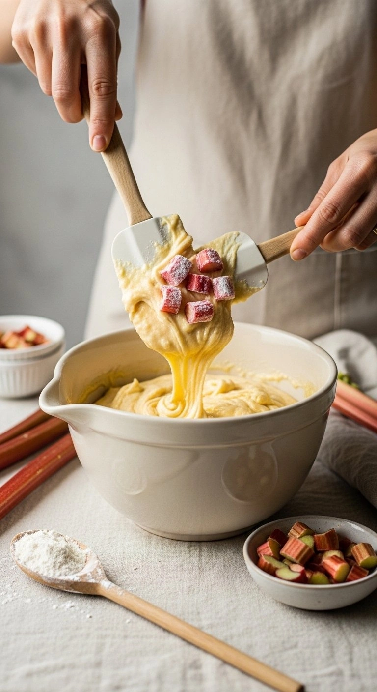 A Silicone Spatula Folding Pink Rhubarb Pieces Into Thick Golden Cake Batter In A White Ceramic Bowl On Linen Fabric.