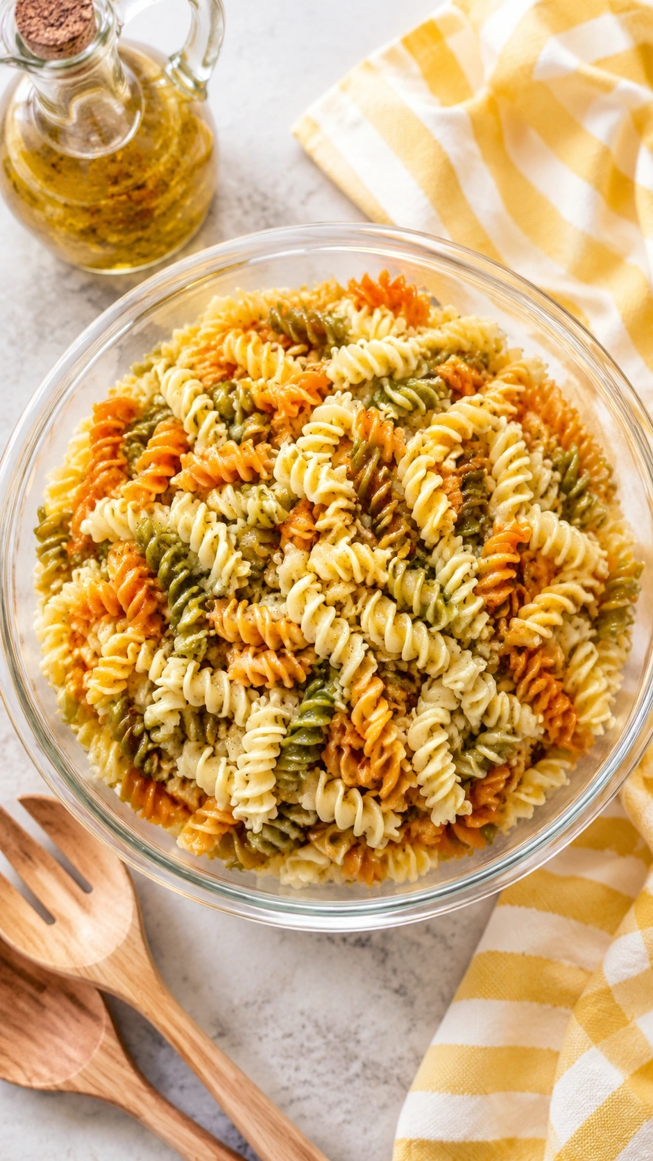A simple tricolor rotini pasta salad with smooth dressing, served in a clear glass bowl with a wooden serving fork.