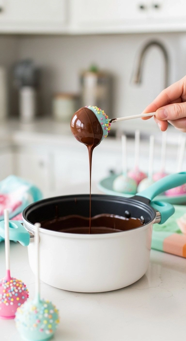 A Smooth Chocolate-Covered Cake Pop Being Gently Tapped Against A Melting Pot To Remove Excess Candy Coating.