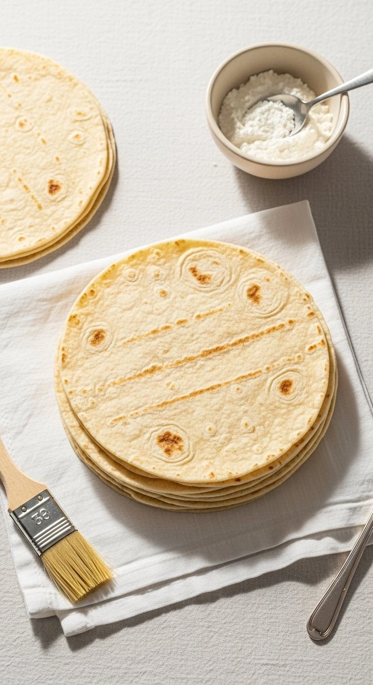 A Stack Of Fresh Flour Tortillas On A Linen Tablecloth With A Cornstarch Slurry And Brush For Sealing Eggrolls.