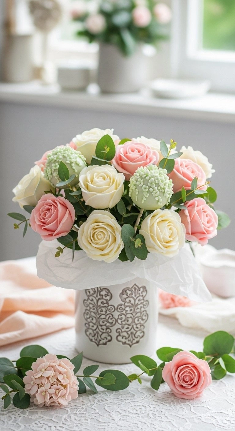 A Stunning Cake Pop Flower Bouquet Centerpiece In A Ceramic Vase With Eucalyptus Branches On A Garden Table.