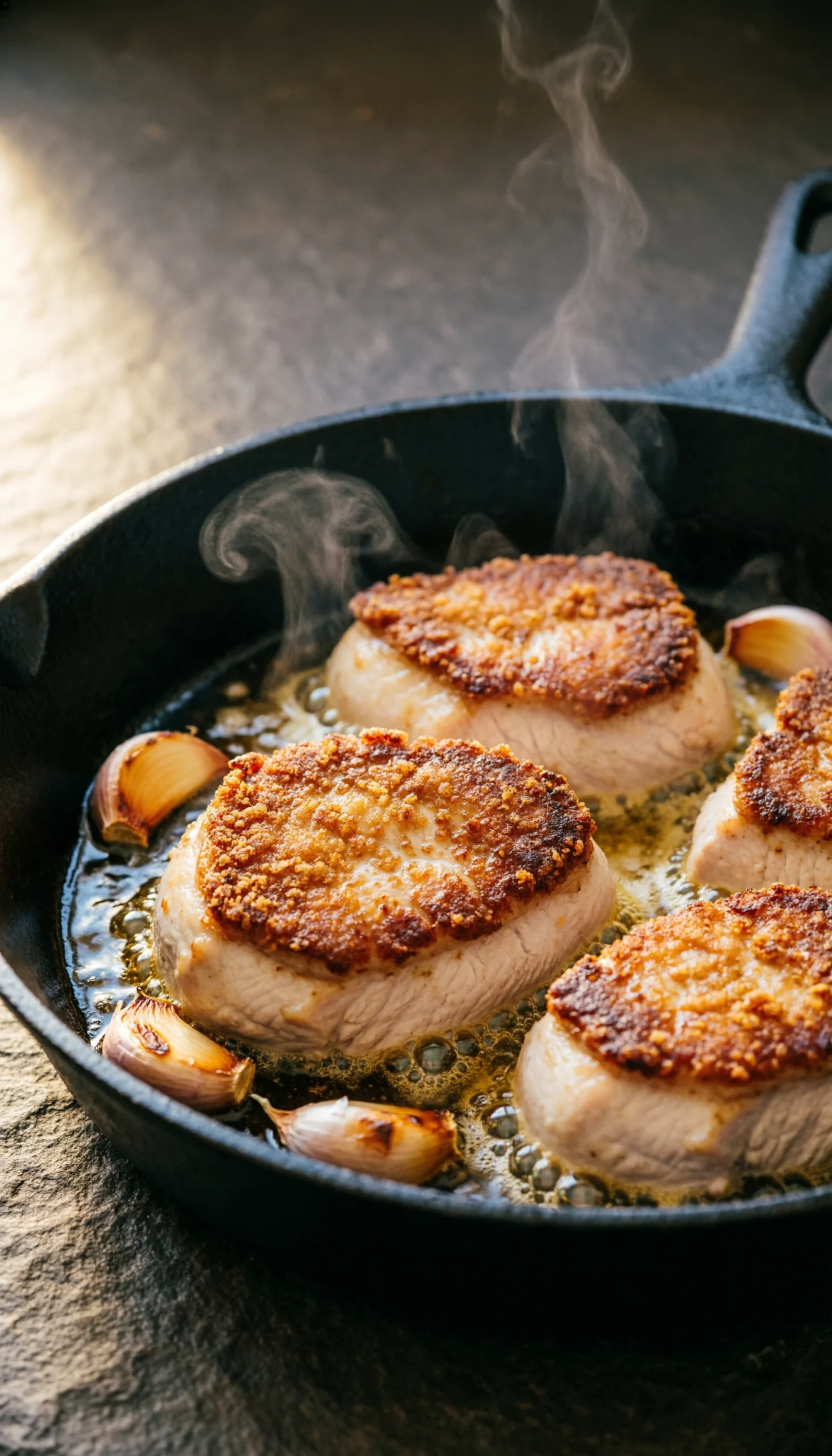 A succulent pan-seared turkey tenderloin sizzles in a cast iron skillet, revealing a crisp golden brown crust and hot oil.