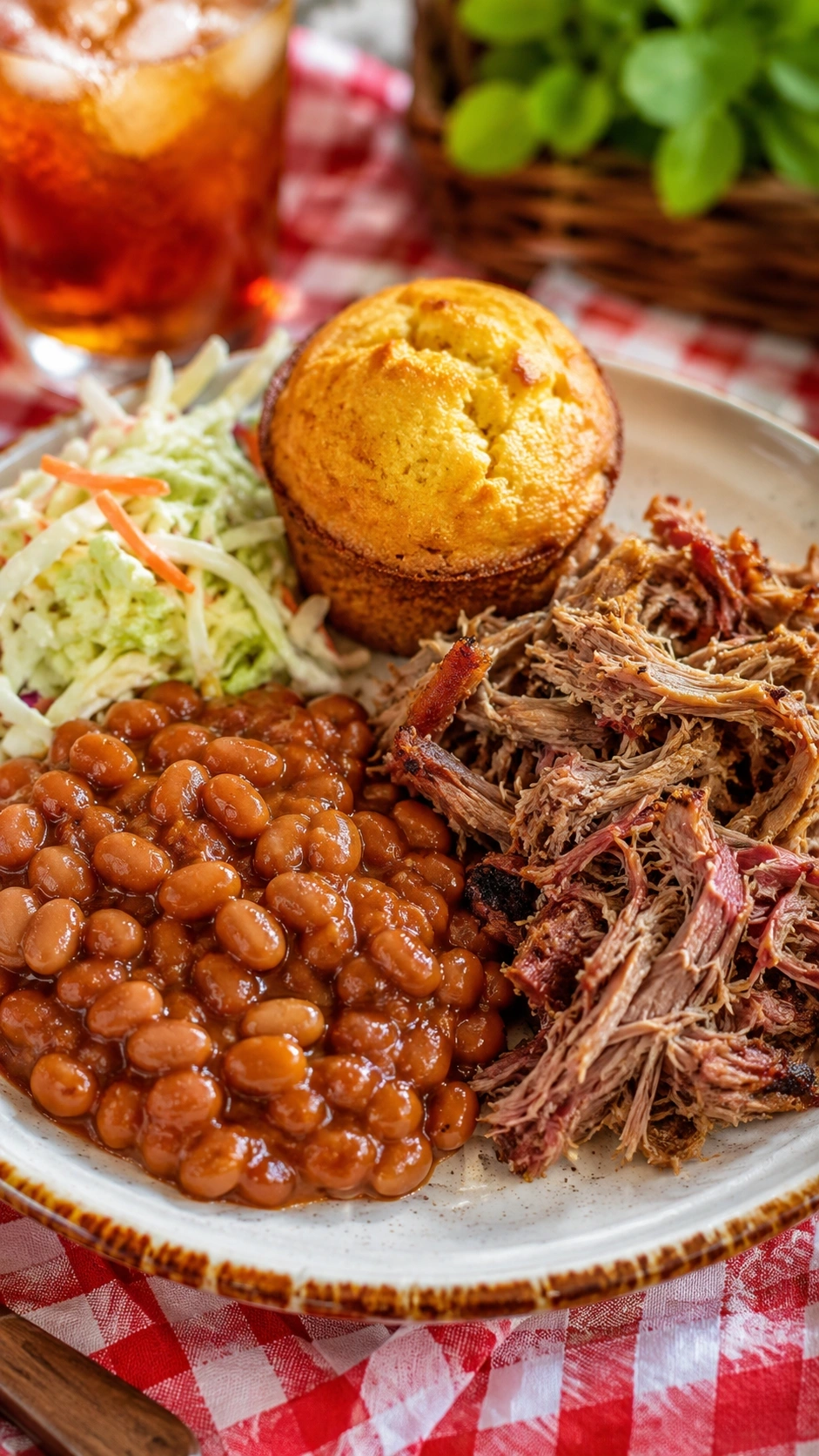 A summer BBQ plate with a scoop of thick baked beans, smoked pulled pork, and cornbread on a gingham tablecloth.