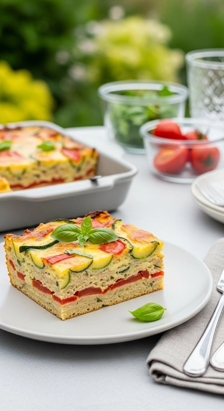 A Thick Slice Of Zucchini Turkey Lasagna Garnished With Fresh Basil Served On An Elegant Ceramic Dinner Plate.