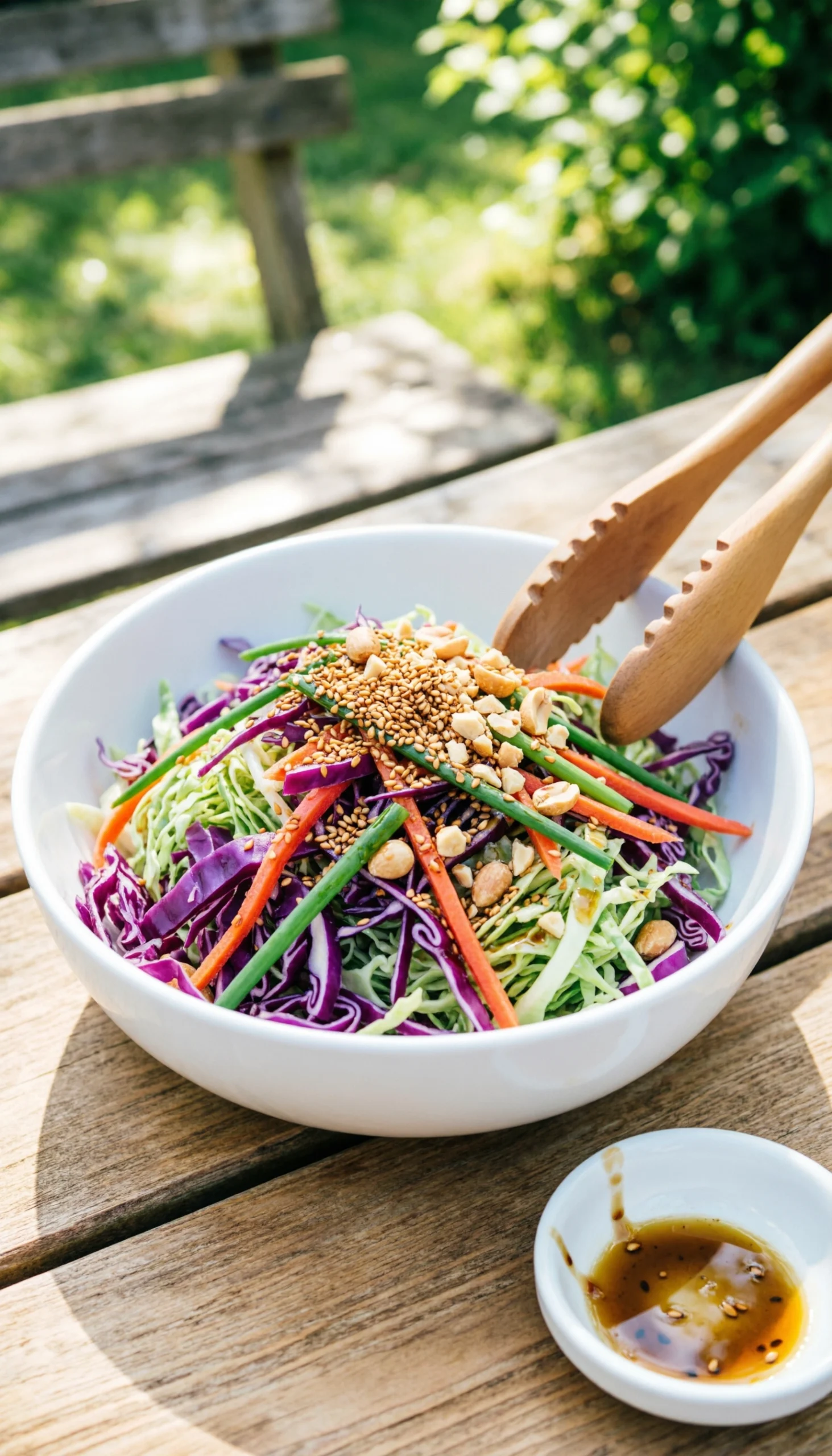 A vibrant Asian cabbage salad with shredded purple and green cabbage, carrots, and toasted peanuts, glistening in a white serving bowl.