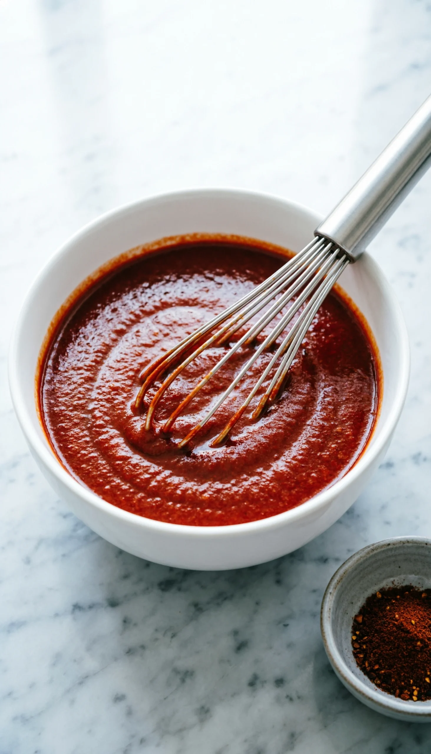 A whisk stirring rich red enchilada sauce in a white ceramic bowl on a marble countertop for a clean, minimalist flat lay.