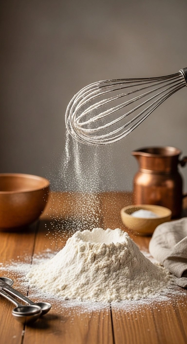 A Wire Whisk Aerating A Mound Of White Flour With Sea Salt On A Rustic Wooden Table Under Warm Golden Hour Lighting.