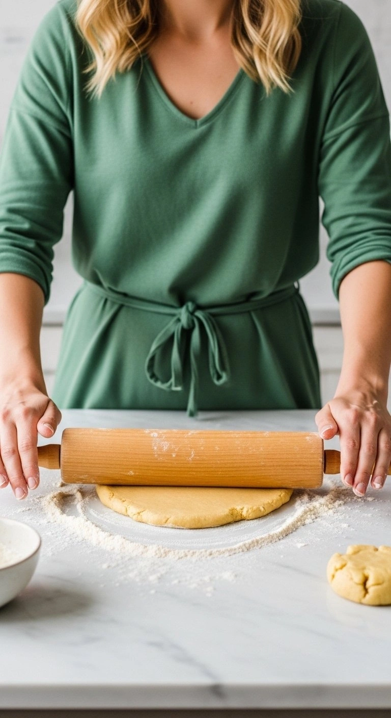 A Wooden Rolling Pin Flattens Smooth Pastry Dough On A Floured Marble Countertop Under Soft Natural Window Light.