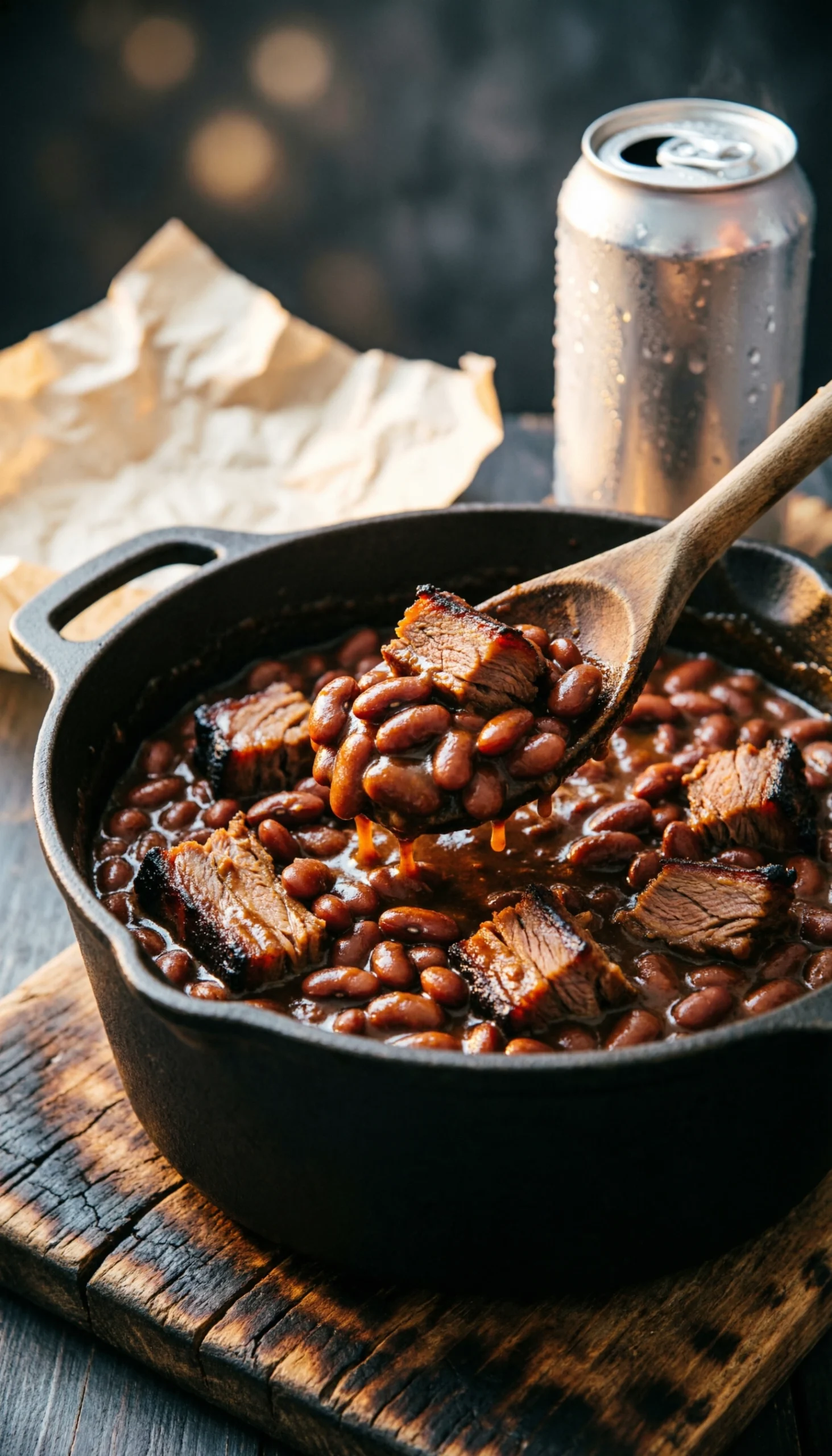 A wooden spoon scoops rich, smoky pit beans with brisket burnt ends from a rustic Dutch oven, showing glossy texture.