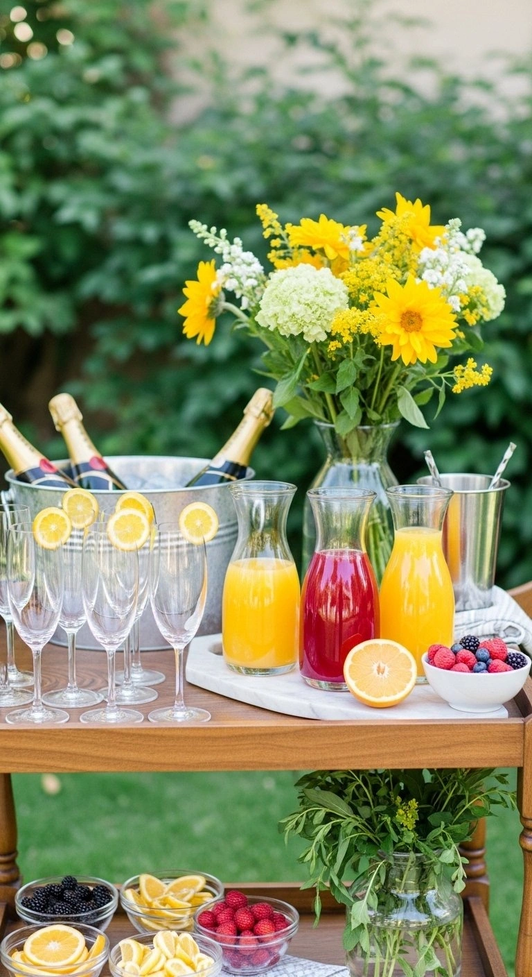 Aesthetic Mimosa Bar Cart With Crystal Champagne Flutes And Fresh Fruit Carafes In A Lush Garden Brunch Setting.