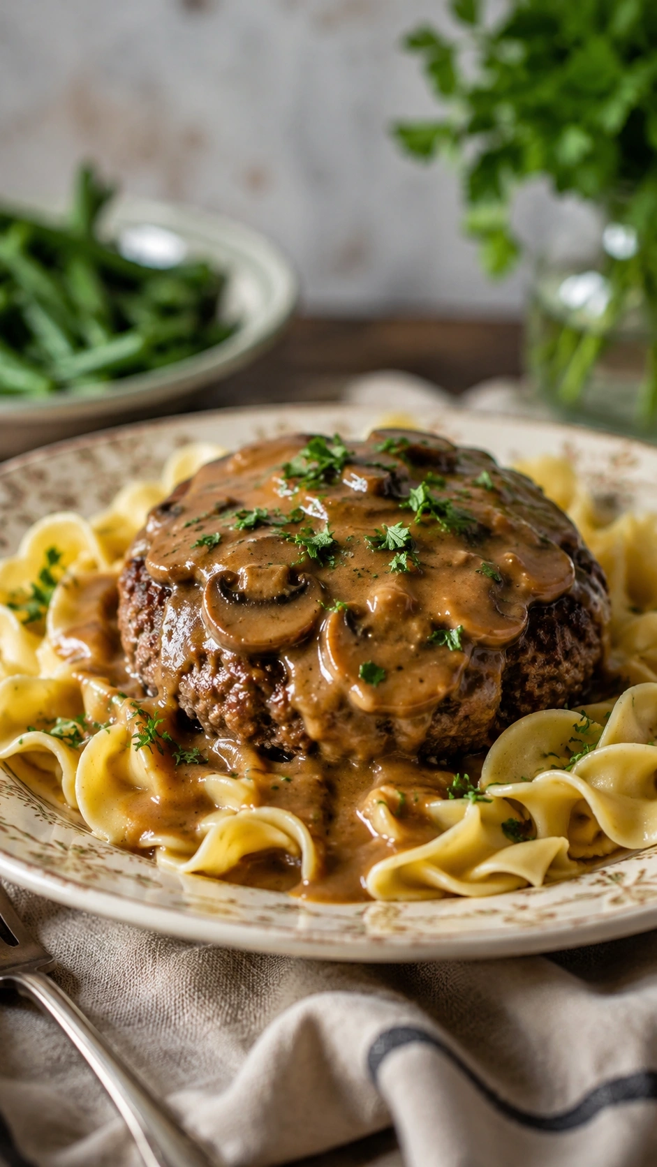 Amish hamburger steak with rich mushroom gravy served over buttery egg noodles on a vintage ceramic dinner plate.