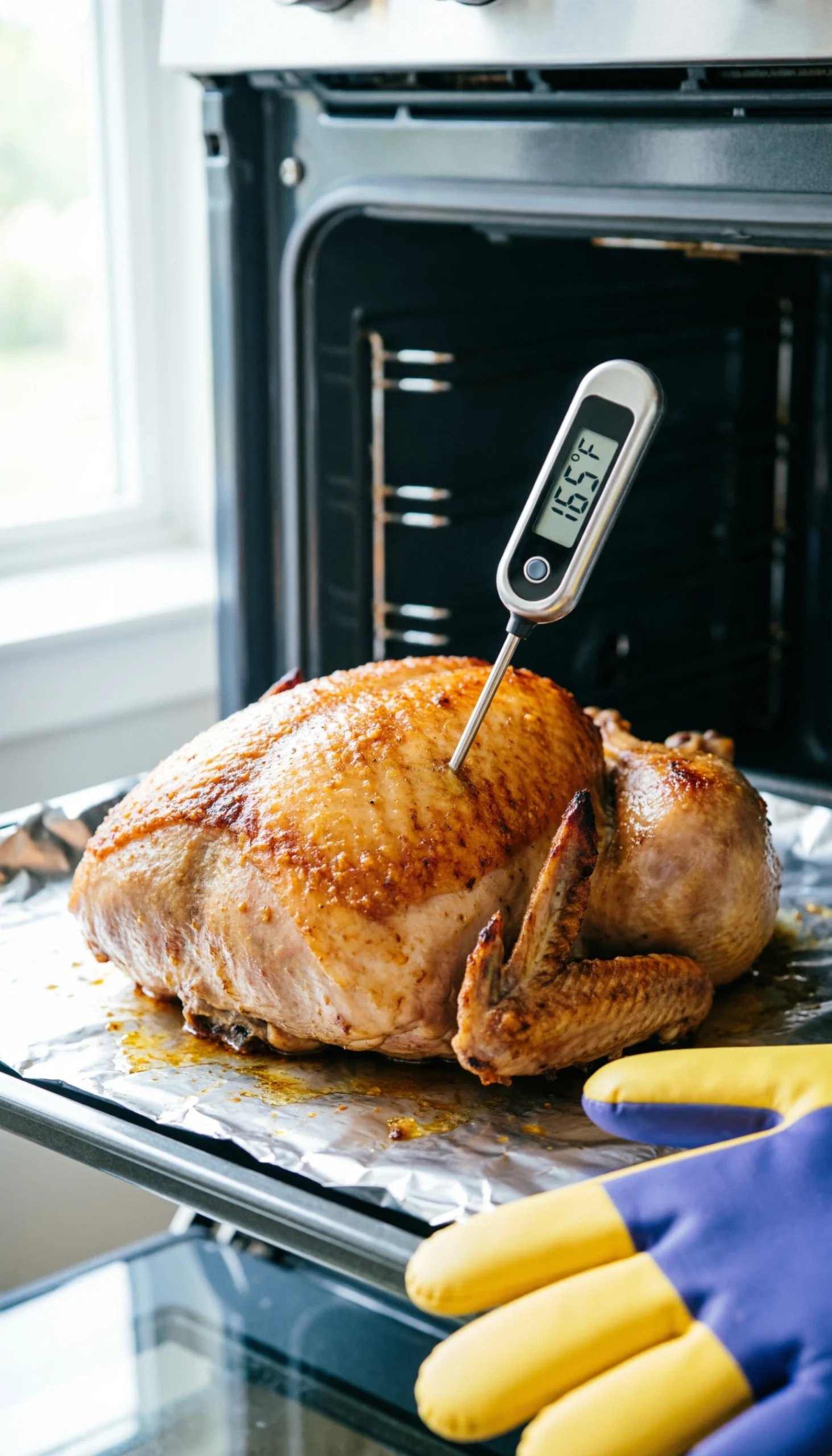 An instant-read thermometer measures the temperature of a roasted turkey breast tenderloin inside an open oven for food safety.
