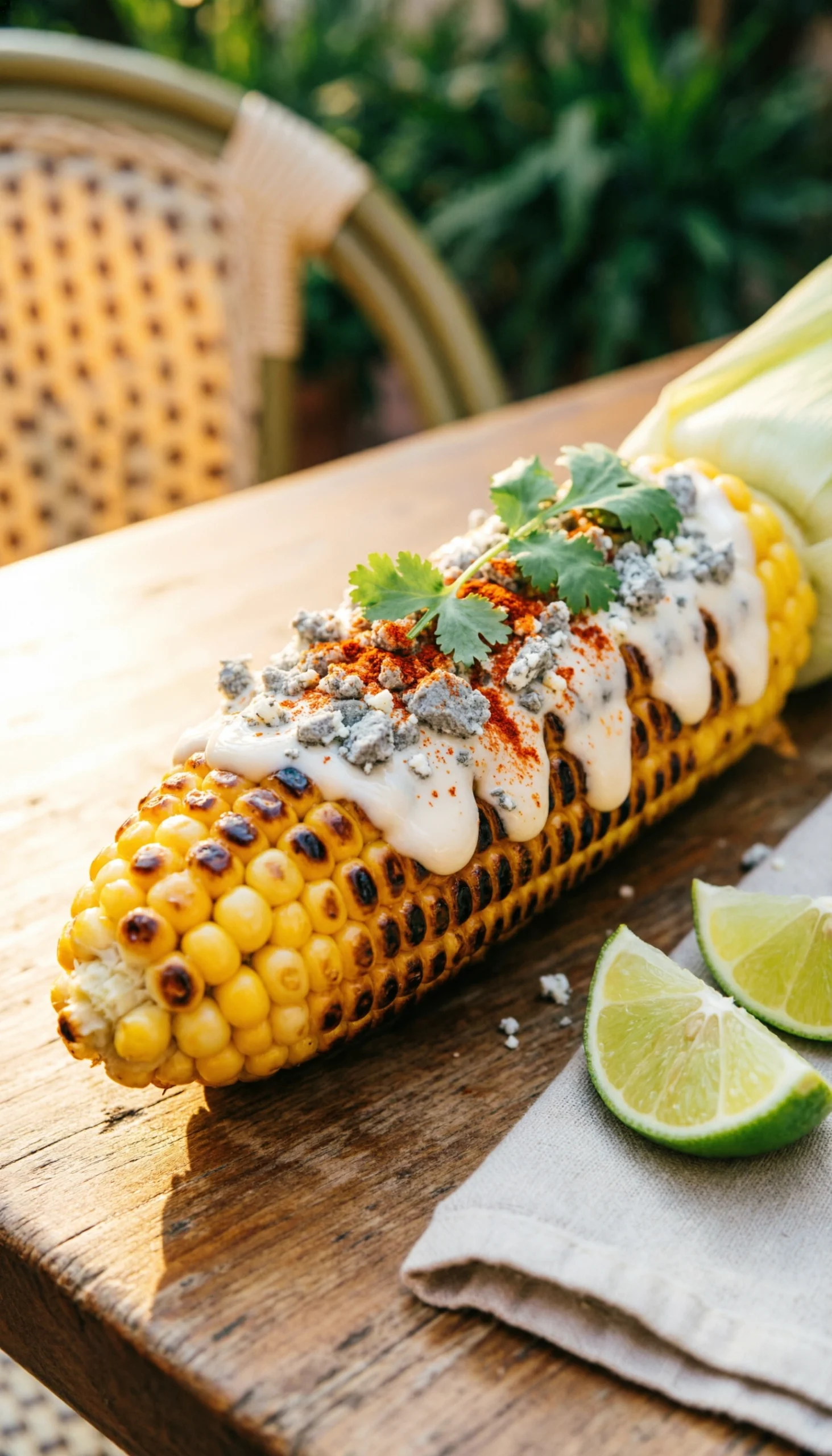 Appetizing charred Mexican street corn on the cob, generously coated with cotija cheese, red chili powder, and fresh cilantro.