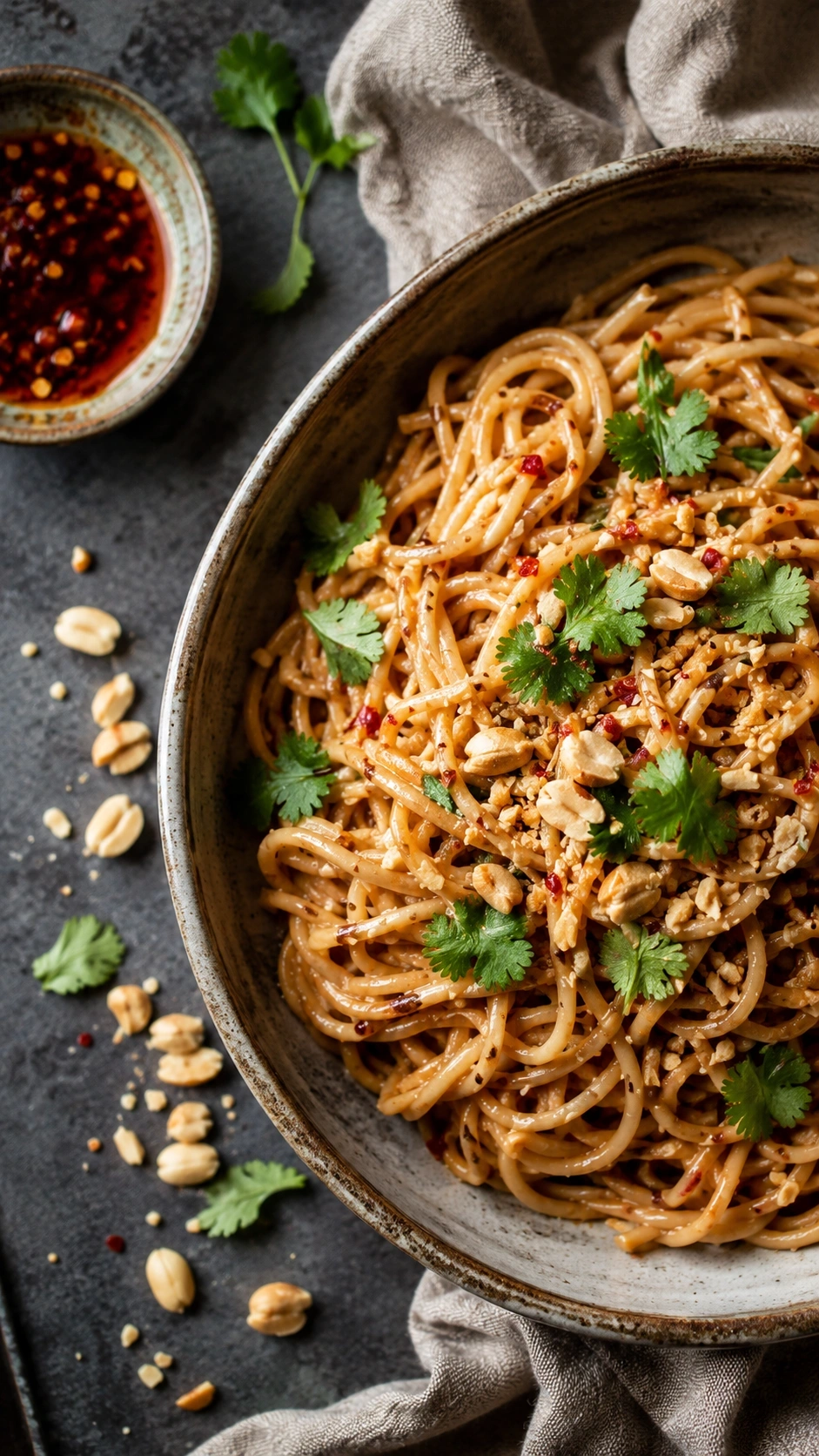 Appetizing cold sesame peanut noodles coated in creamy peanut sauce, garnished with cilantro and chili flakes in a rustic bowl.