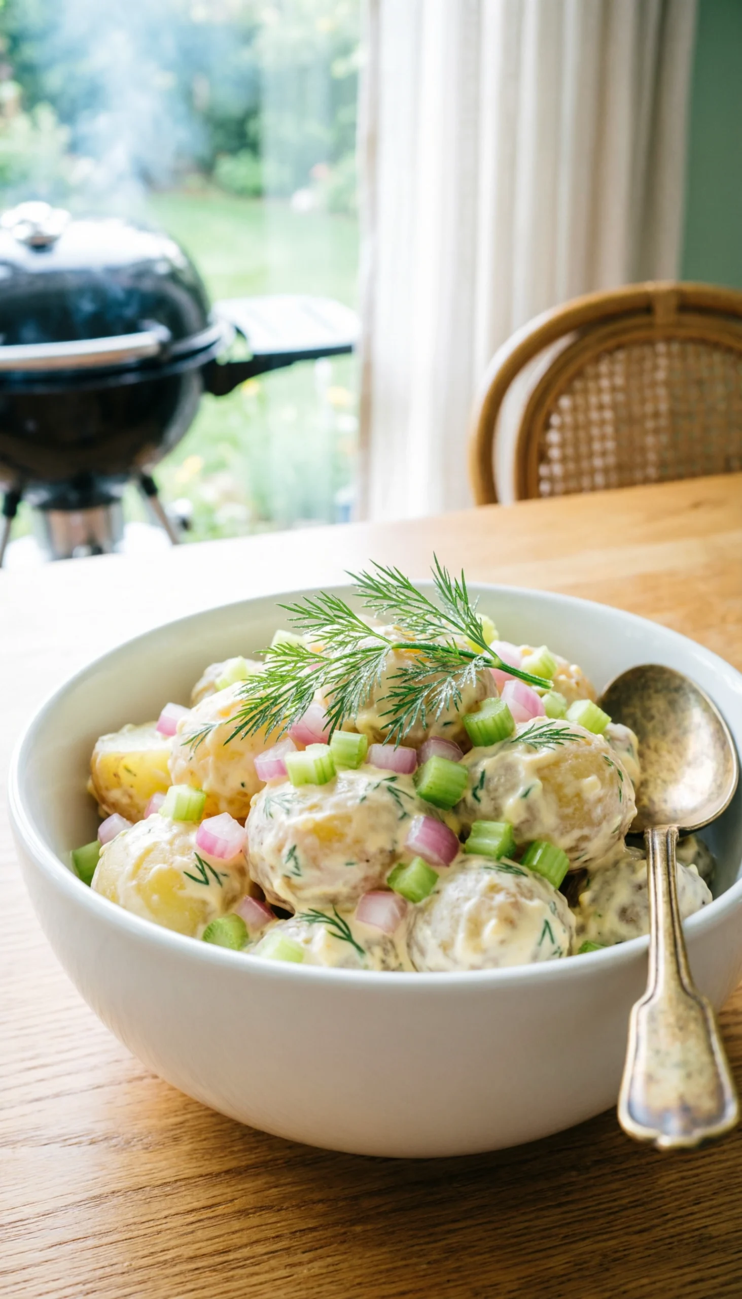 Appetizing creamy potato salad with fresh dill, celery, and red onion in a white ceramic bowl on a rustic wooden table.