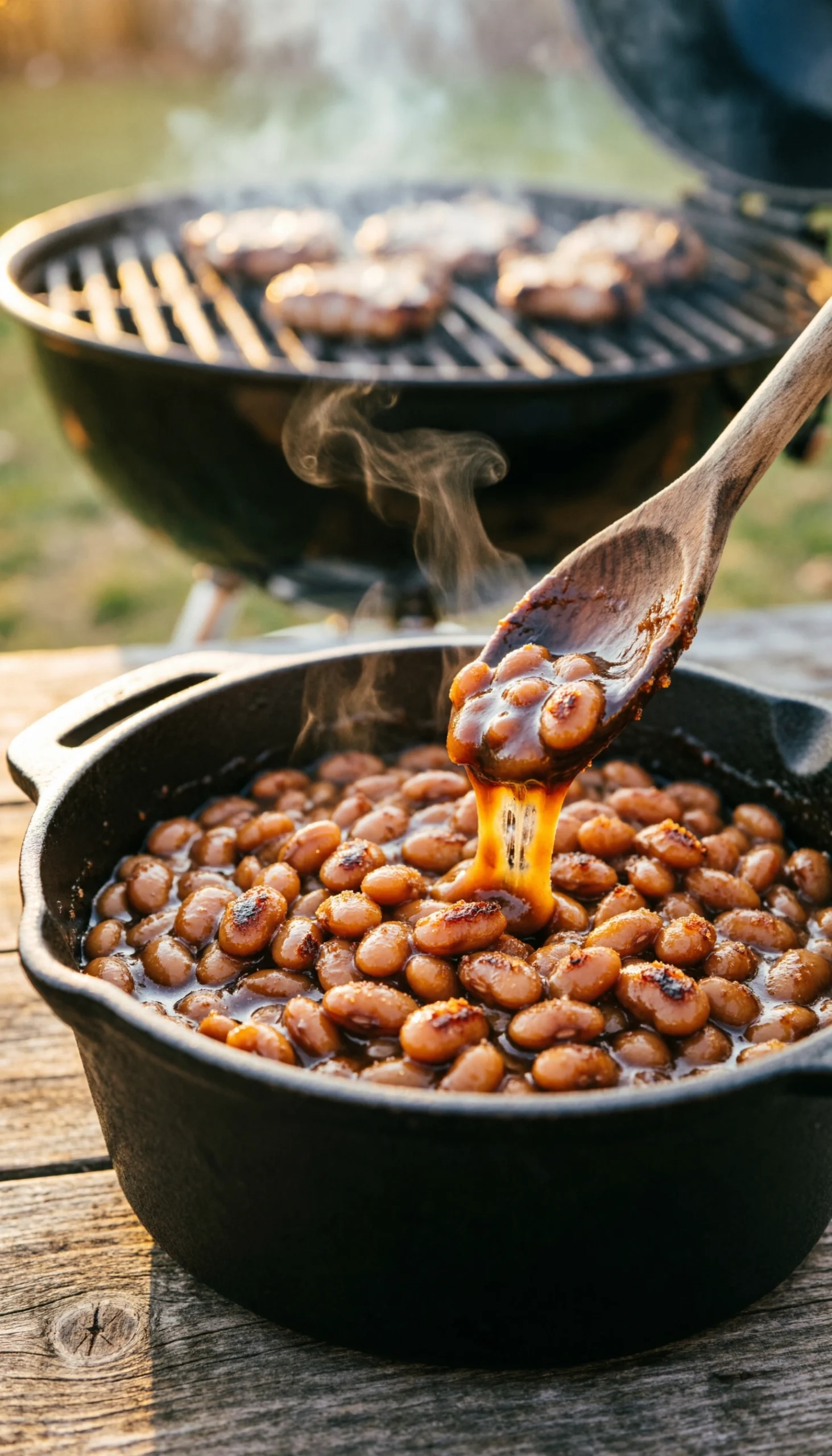 Appetizing sweet baked beans with a rich brown sugar and molasses glaze, bubbling in a cast iron Dutch oven.