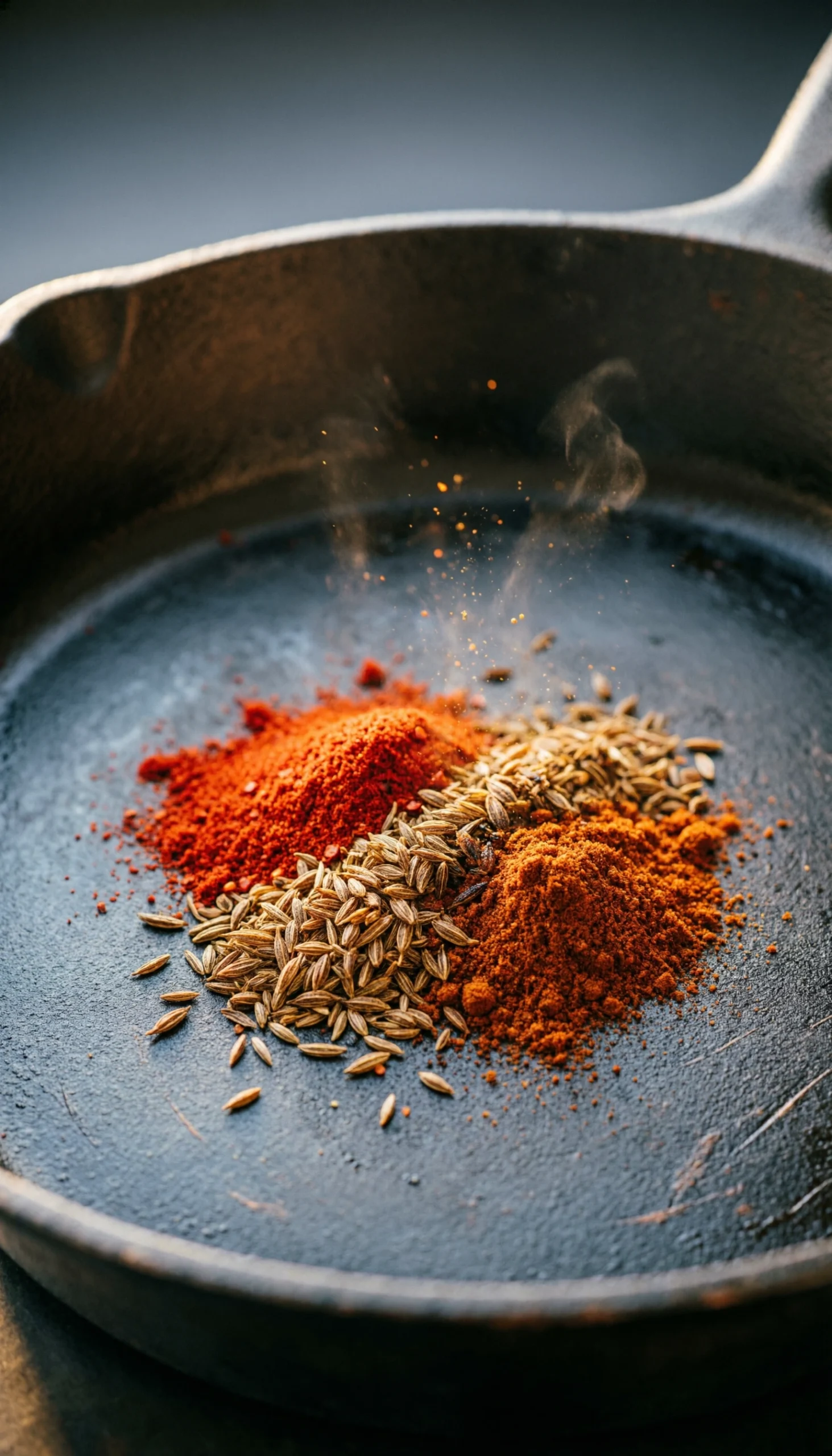 Aromatic red chili powder, brown cumin, and smoky paprika toasting in a hot, dark cast-iron skillet macro shot.